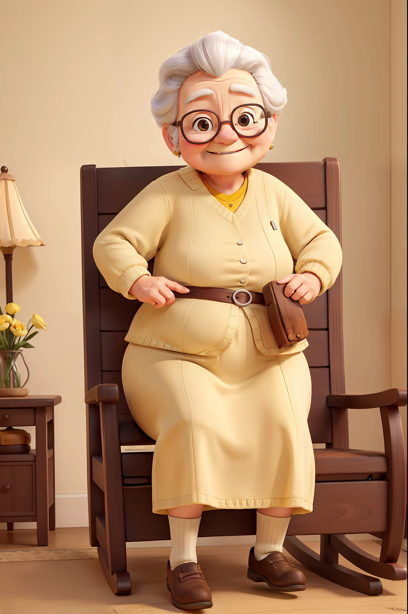 An old woman in a plain shirt and yellow sweater sits in a rocking chair,Full body photo,Happy smile,Fat Chubby,kind,tmasterpiece