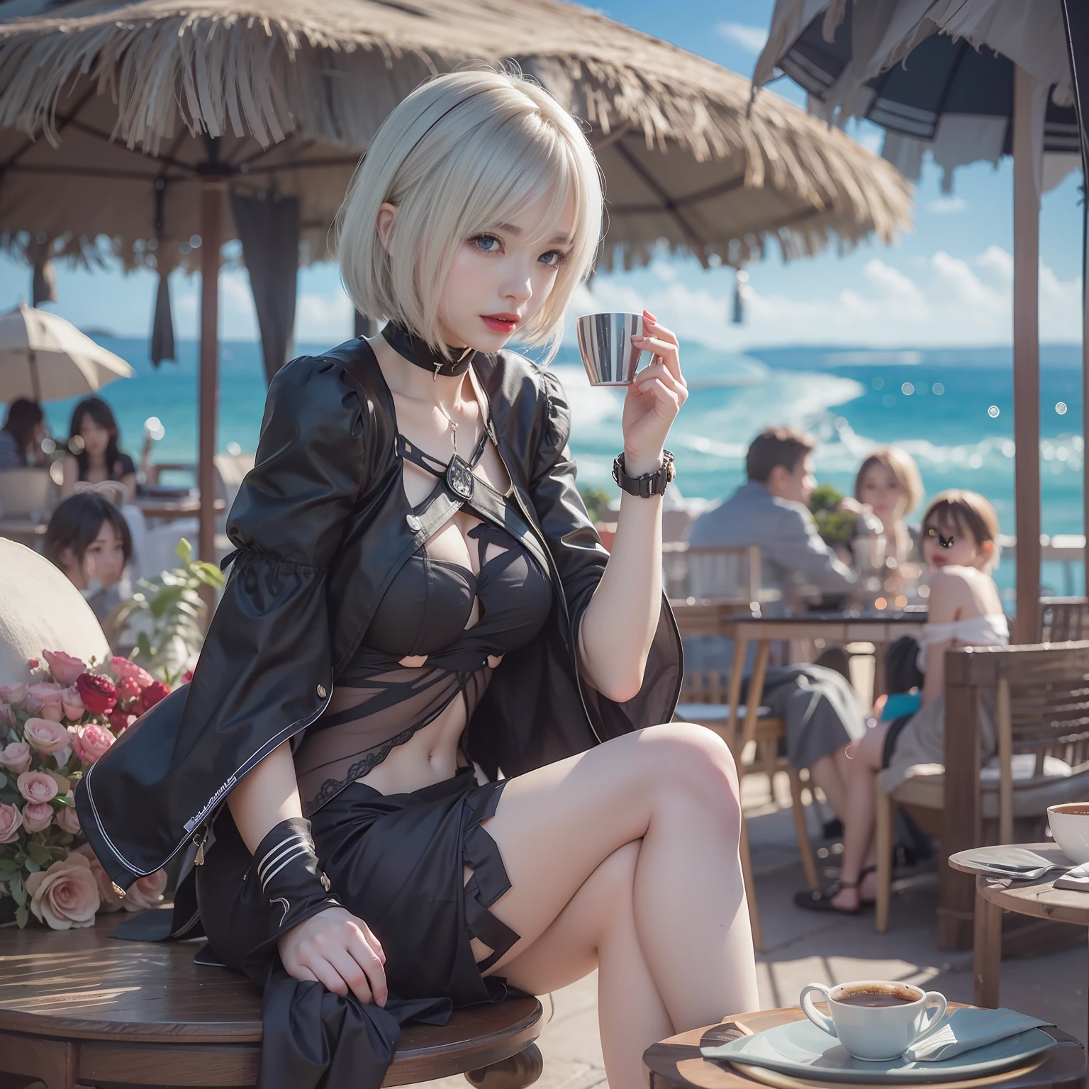 The nipple is visible、Show the pubic area、pubick hair、toppless、Show the pubic area、no-bra、No panties、sensual breasts、Show your butt、Nier Automata、Yoruha Different。 2 Type B、1人、wlop、2b、shairband、Hi-Res、Nier(Series)、Nier Automata、red-lips、Shaded face、short-hair、独奏、high-necked、Ash hair、Blue eyes、Open café by the sea