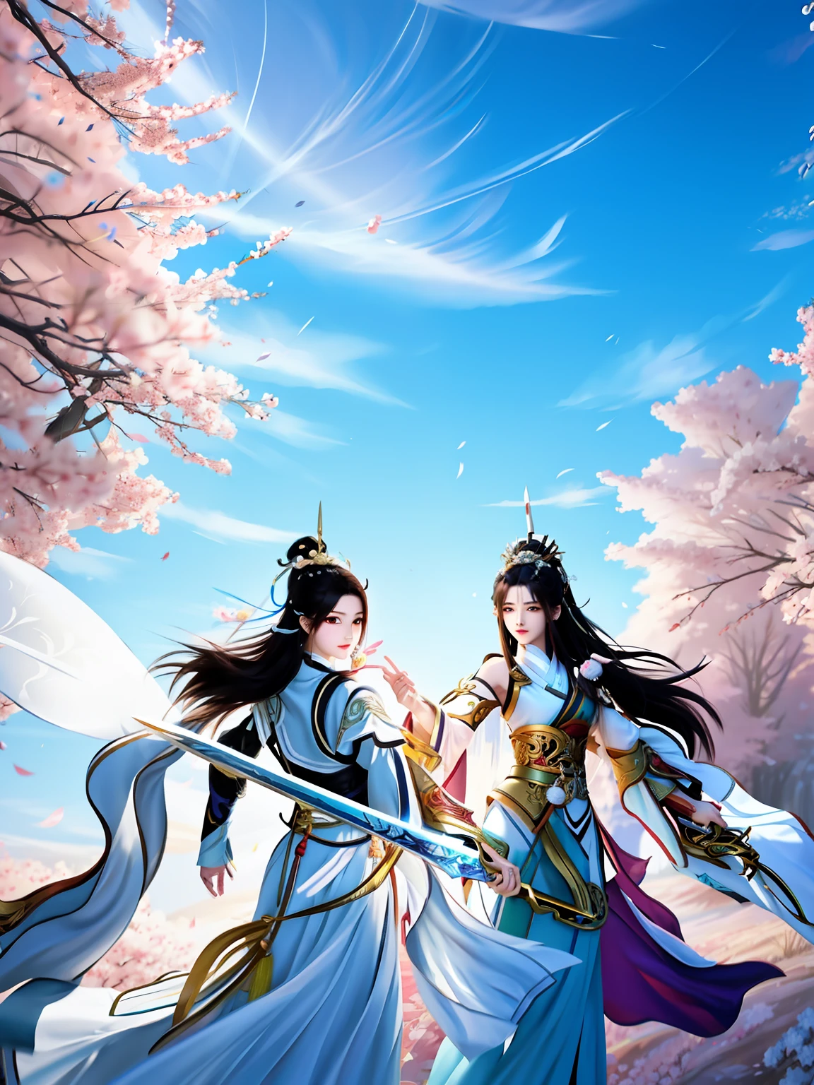 Anime style painting of two women holding swords in white dresses, xianxia fantasy, full-body wuxia, Wuxia, yiqiang and shurakrgt, Game CG, by Yang J, author:Wang Yi, G Liulian art style, Xianxia, xianxia hero, Chinese fantasy, author:Qu Leilei, korean mmorpg