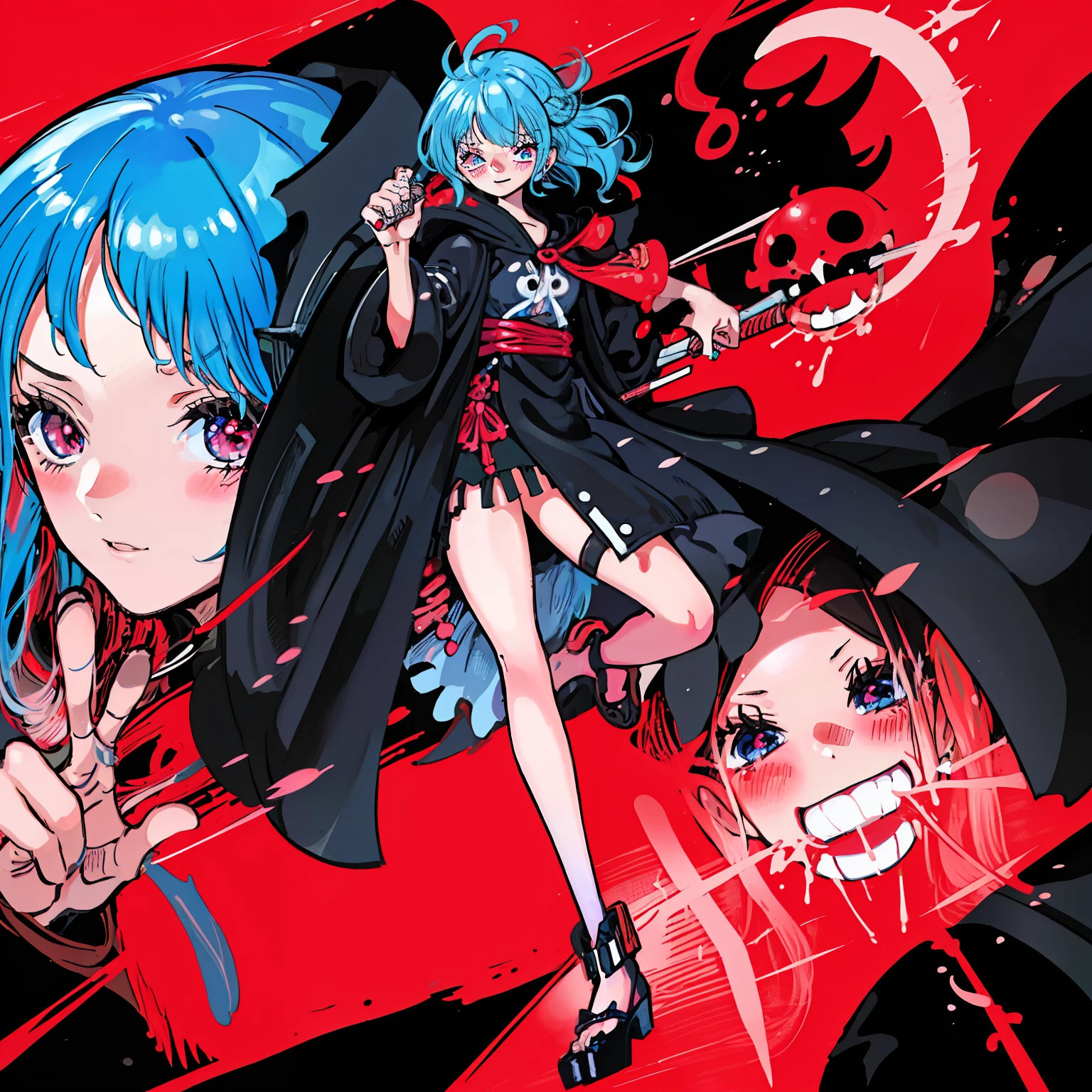 masutepiece, Fine detail, 4K, 8K, 12K, Solo, 1 person, Beautiful Girl, caucasian female, One-piece style image, Light blue hair, Red Eyes, Short hair, 15 years old, Short stature, deadpan、red blush、black robes, Black hood, upper bod