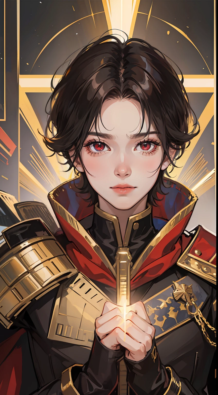 Young guy, short black hair, The eyes are red, Royal Uniform, The Infinity Gauntlet, Masterpiece, hiquality