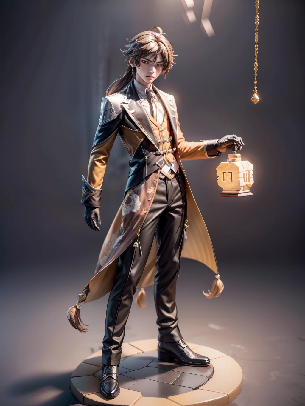 (Blind box toy style:1.2), (Full body shot) , 1 masterpiece, Best quality,Zhongli (Genshin Impact), Long hair, 1 boy solo, Brown hair, single earring, mitts, nipple tassels, bangs, Black gloves, jewelry, Tassel earrings, pony tails, hair between eye, Jacket, Long sleeves, Yellow eyes, shirt, tiese, Collared shirt, formal, , suit, floating object, Closed mouth, dreamy glow, Clean, Clean background ( Global illumination, Ray traching, hdr, unreal render,reasonable design, high detal, Masterpiece, Best quality, hyper HD, Cinematic lighting)
