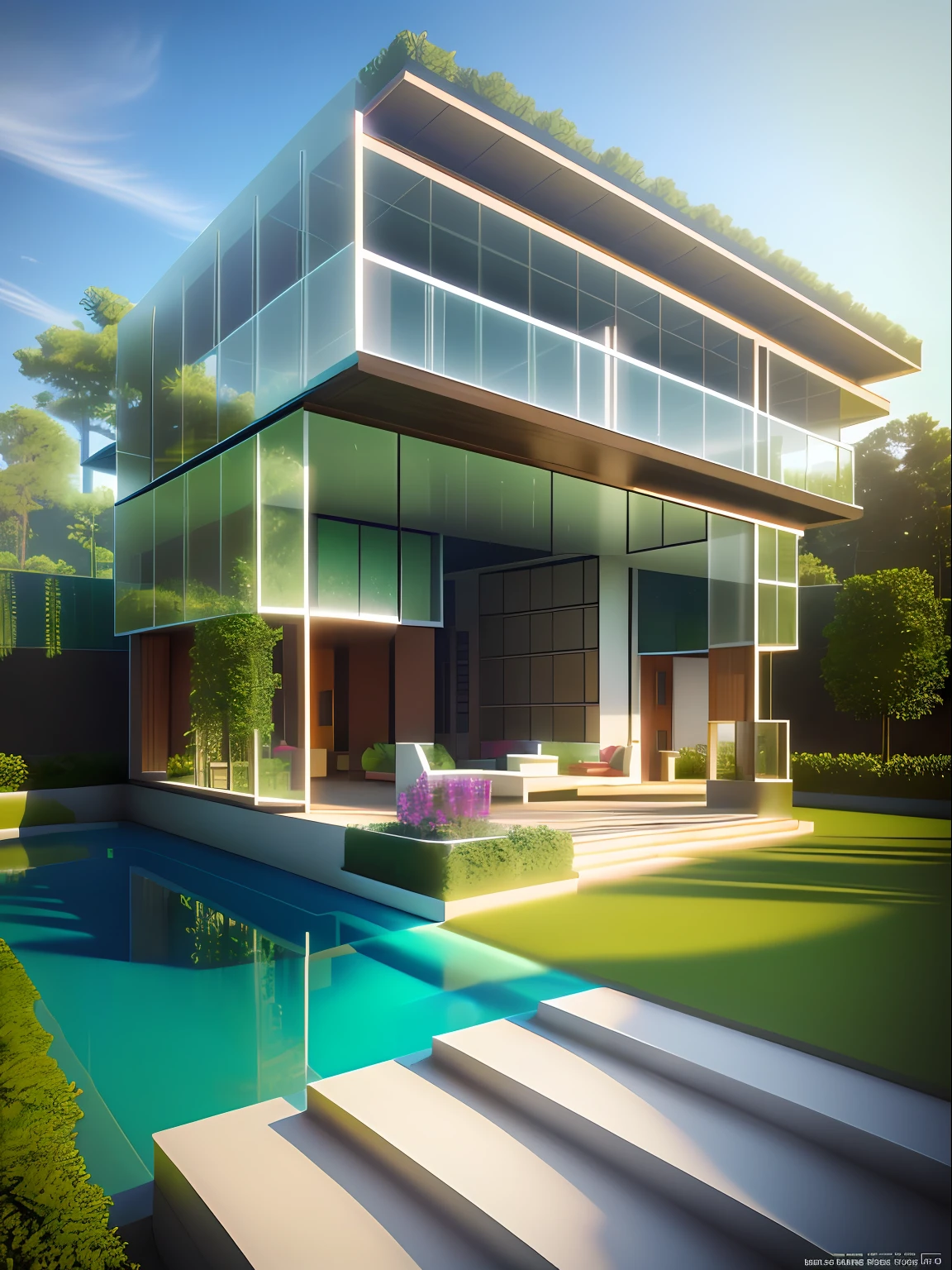 Outdoor renderings,Three-dimensional effects,3D,Renderer,real photograph,4K,Postmodern architecture,room lighting,Villas,Glass room,trpical garden,Exquisite and perfect,Photographic photo,Surrounded by woods,Pubic area is clear,non blurry,No glare