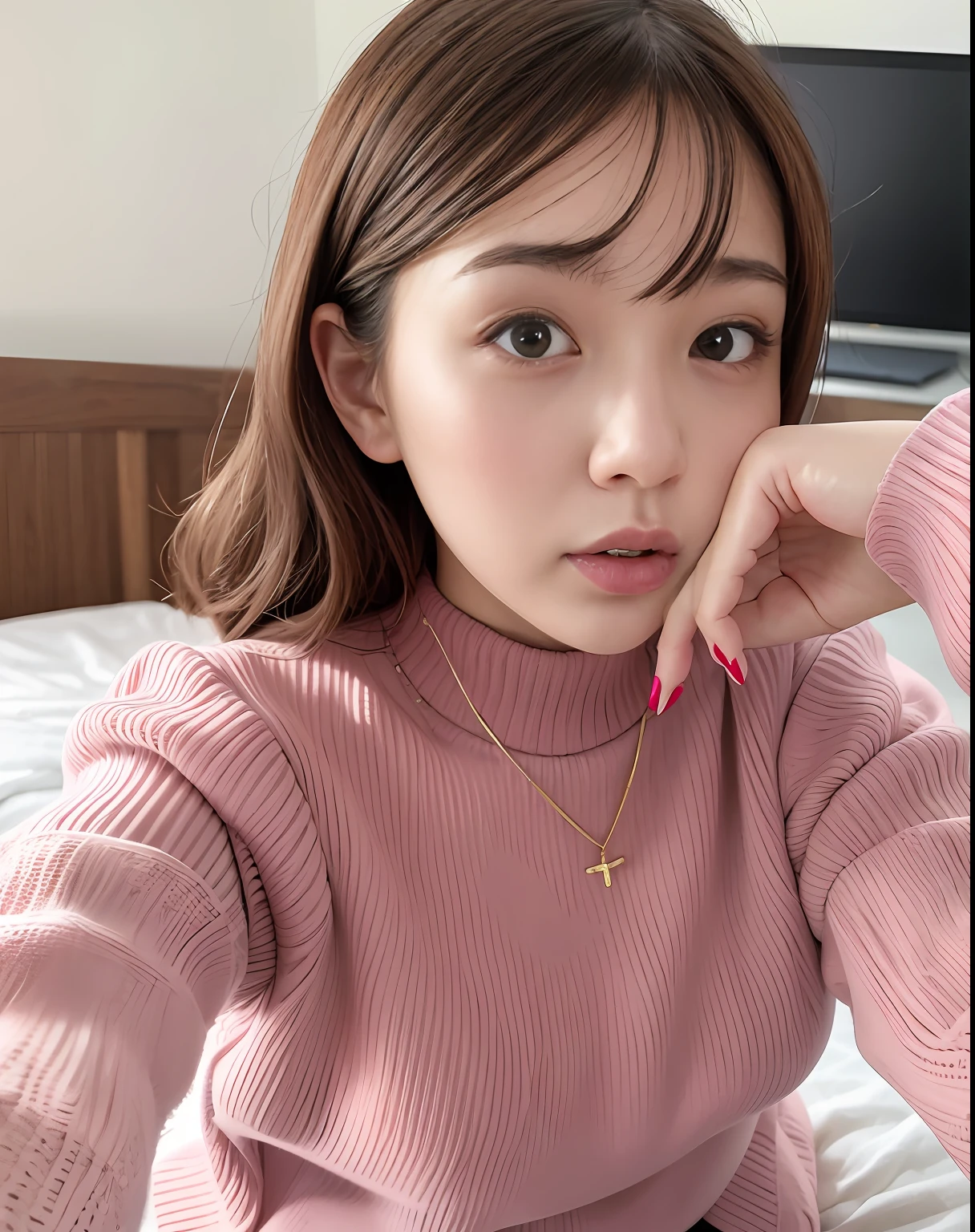 Ala Fed woman in pink sweater sitting on bed, pokimane, chiho, sakimichan, ulzzangs, 奈良美智, 19-year-old girl, Choi Hong Hwa, Rin, 8K selfie photo, sakimichan, Belle Delphine