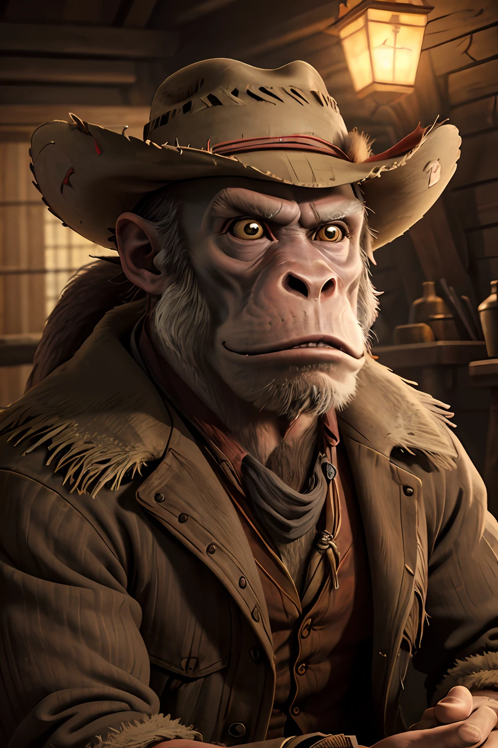 (detailed face and eyes:1.1),
baboon（western cowboy hat），Red Dead Redemption，stern eyes，
Ultra-detail,(highres:1.1),best quality,(masterpiece:1.3),cinematic lighting,