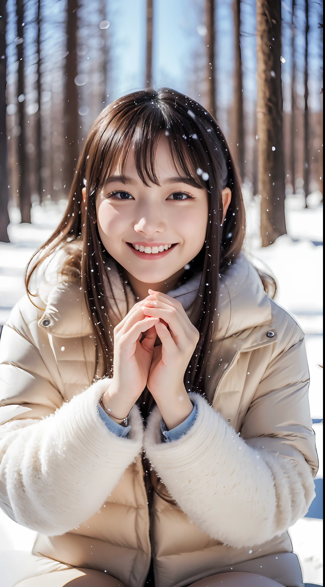 ulzzang-6500-v1.1, (raw photo:1.2), (photorealistic:1.4), beautiful detailed girl, very detailed eyes and face, beautiful detailed eyes, ridiculous, incredibly ridiculous, huge file size, super detailed, high resolution, very detailed, best quality, masterpiece, kemomimi, ((Japanese girls' the Winterswear )), illustration, very detailed, CG, unified, 8k wallpaper, amazing, Fine details, masterpiece, best quality, very detailed CG uniform 8k wallpaper, light on face, cinematic lighting, 1girl, 16 years old, light smile, full body, sitting on rotten wood,((dynamic pose)), winter  background with snow, play with snow,