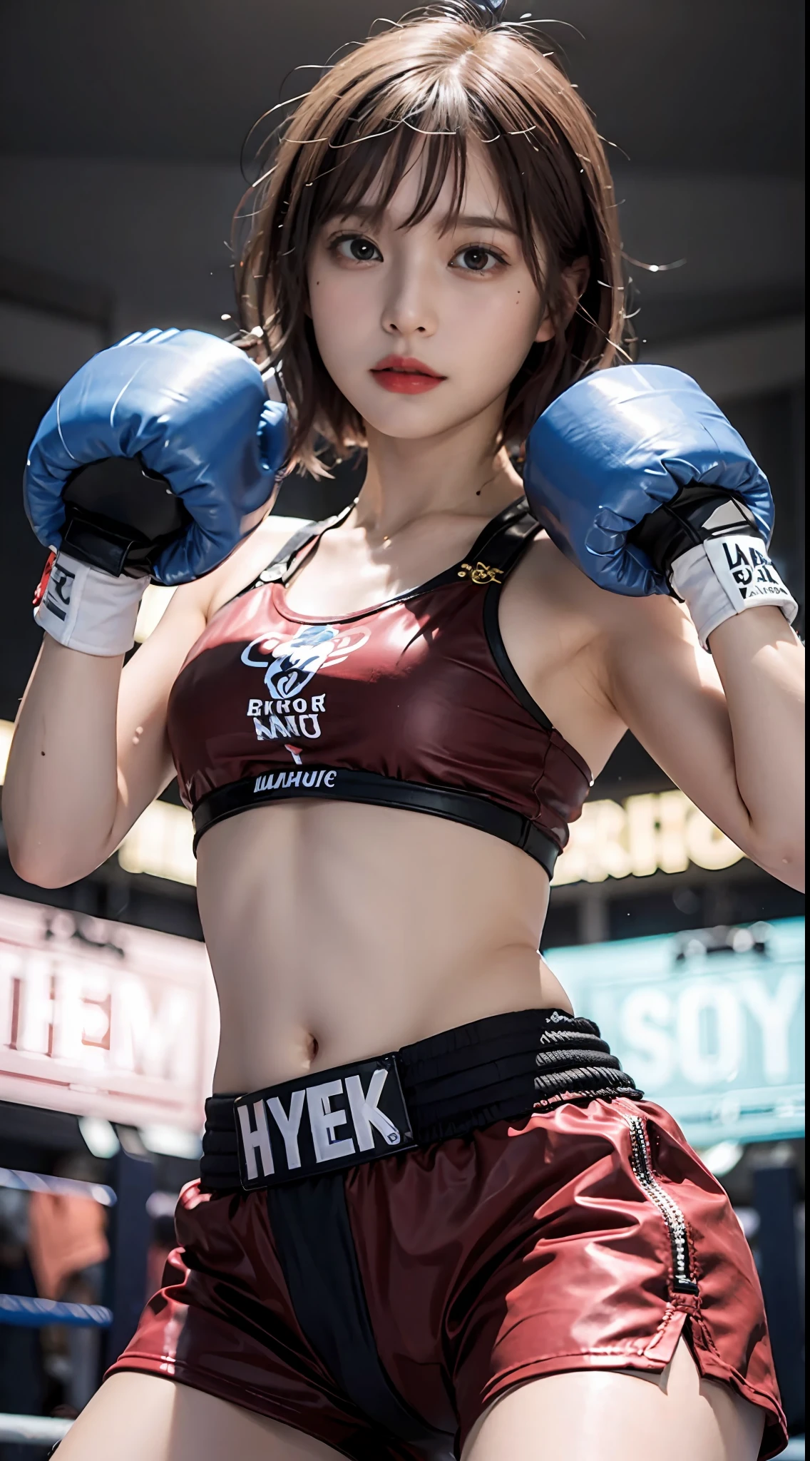 Best Quality, boxer, (Photorealsitic:2), 超A high resolution, Highly detailed, A hyper-realistic, 1girl in, ((Red Head Guard)), (Boxing gloves), Floral pattern, colourfull_head_hair、(((very_short_head_hair))), Short hair, Slim body, Full Shot, Looking at Viewer, ((Boxing rings)), Bright atmosphere, spot light, Detailed background