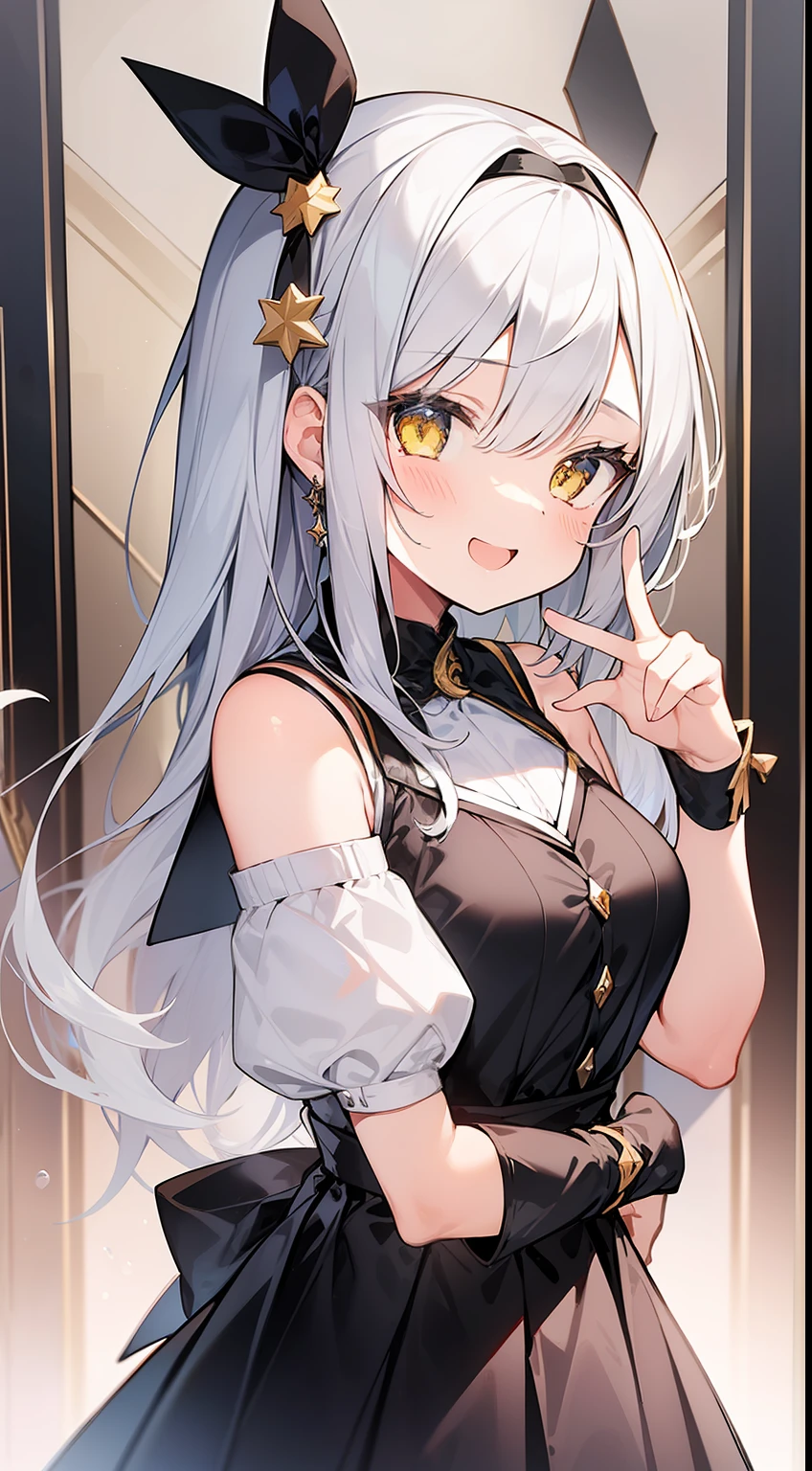 One Girl、High school students、yellow  eyes、Twin-tailed、white  hair、black ribbon on the head、sano、laugh、piece sign、White Room、White furniture、Jewel Room、​masterpiece、top-quality、Top image quality、cute little