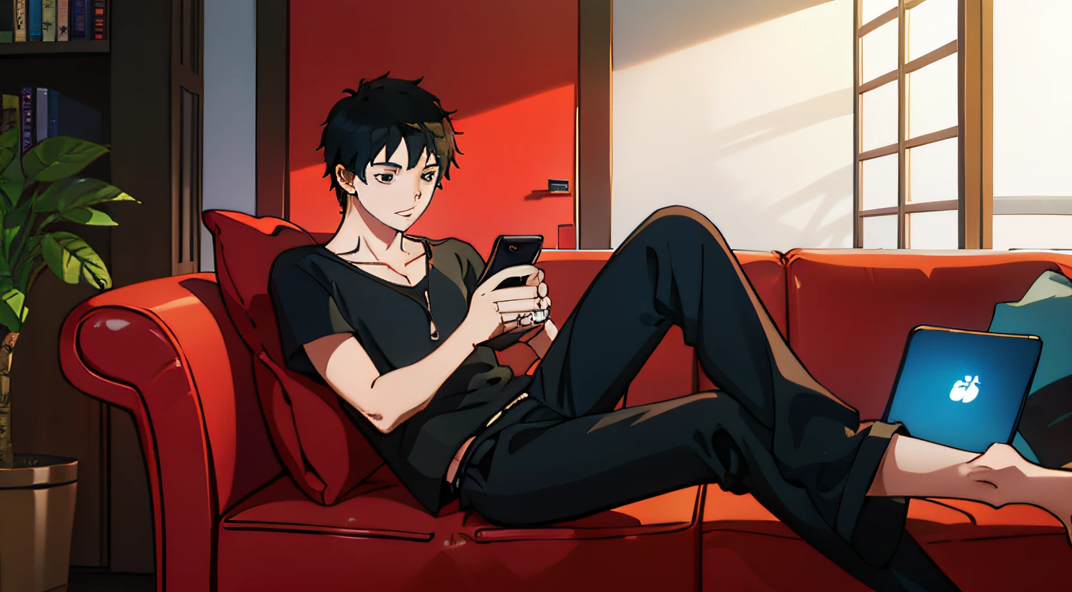 Young man lying on sofa playing with mobile phone