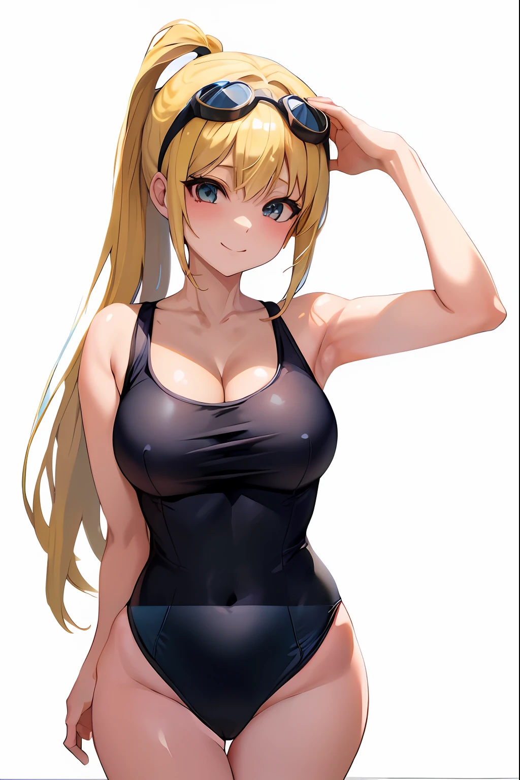 a smile、Anime girl in black swimsuit with goggles on her head, wearing a swimming wear, Seductive Anime Girl, misa amane *, Swimsuit, ( ( misa amane # ) ), Smooth Anime CG Art, charming anime girls, Anime Waifu, blonde anime girl with long hair, anime moe art style, pixiv 3dcg, (Anime Girl), Rin, swim wears