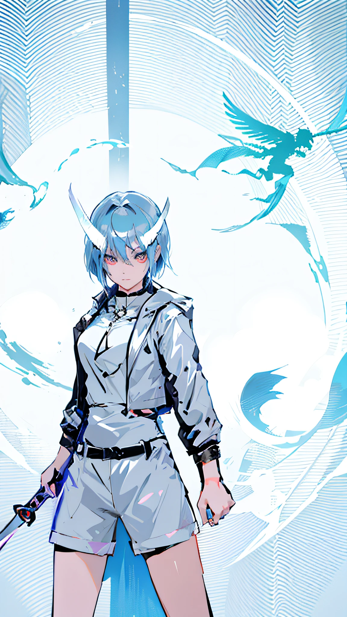 Anime - style woman with sword and feathers on gray background, demon anime girl, Demon Girl, by Yang J, Guviz-style artwork, portrait of demon girl, anime styled digital art, Badass anime 8 K, author：Shitao, Digital anime art, Guweiz on ArtStation Pixiv, style of anime4 K