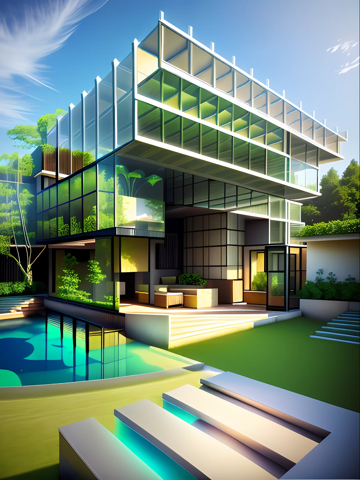 Outdoor renderings,Three-dimensional effects,3D,Renderer,real photograph,4K,Postmodern architecture,room lighting,Villas,Glass room,trpical garden,Exquisite and perfect,Photographic photo,Surrounded by woods,Pubic area is clear,non blurry,No glare