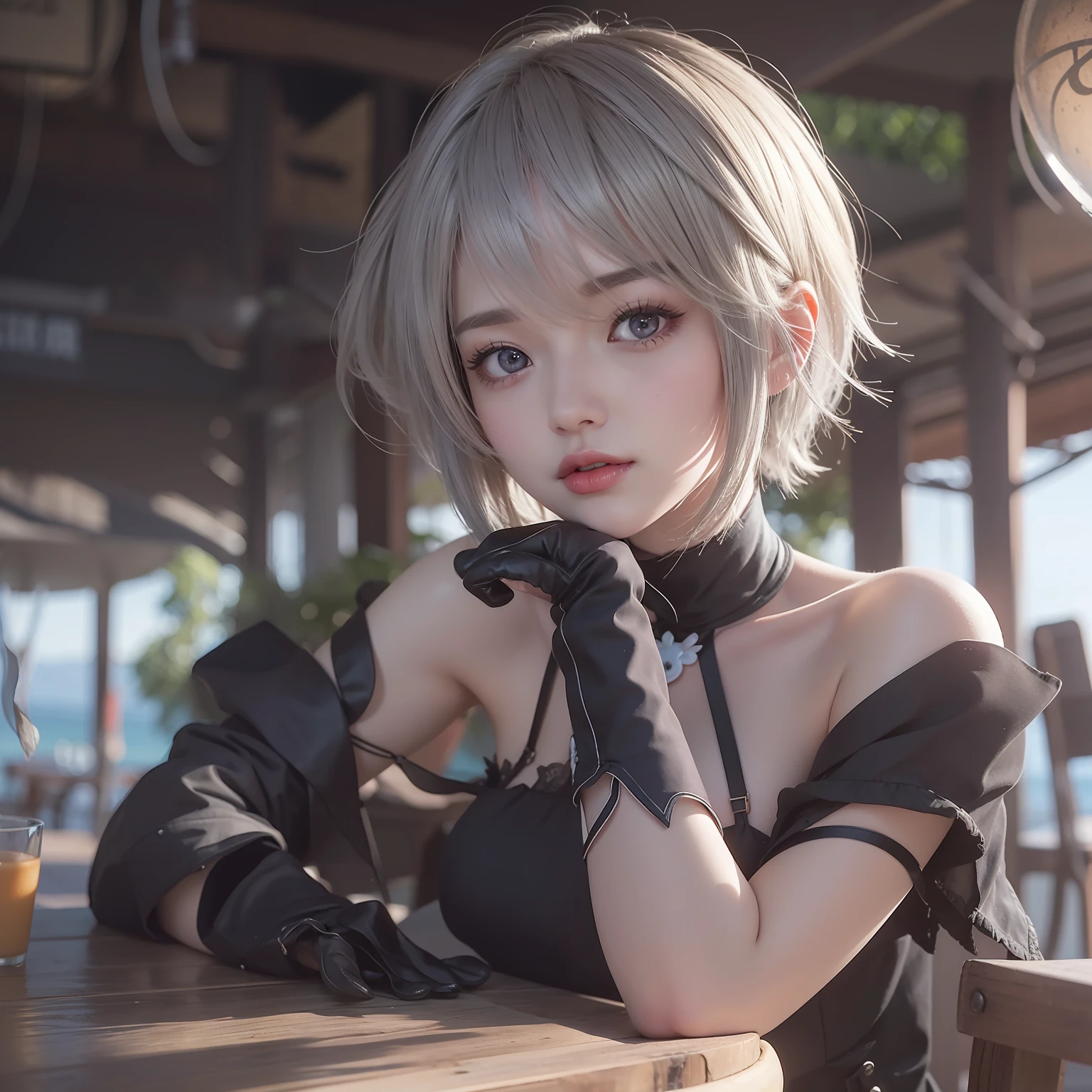 The nipple is visible、Show the pubic area、pubick hair、toppless、Show the pubic area、no-bra、No panties、sensual breasts、Show your butt、Nier Automata、Yoruha Different。 2 Type B、女の子1人、wlop、2b、shairband、Hi-Res、Nier(Series)、Nier Automata、red-lips、Shaded face、short-hair、独奏、high-necked、Ash hair、Blue eyes、Open café by the sea