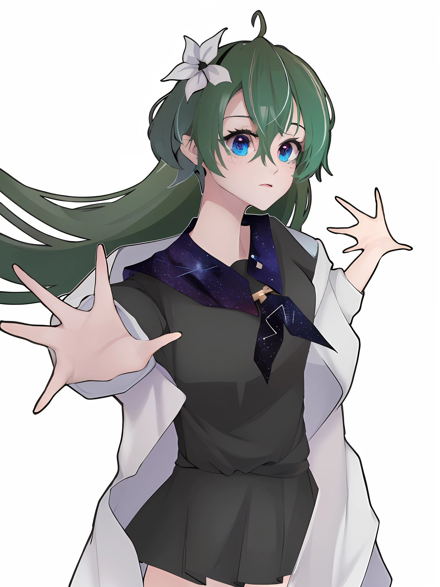 anime girl with green hair and blue eyes in a black dress, anime moe artstyle, touhou character, marin kitagawa fanart, mikudayo, portrait anime space cadet girl, with index finger, koyoharu gotouge, from touhou, akasuki voidstar, holding a pudica pose, tatsumaki