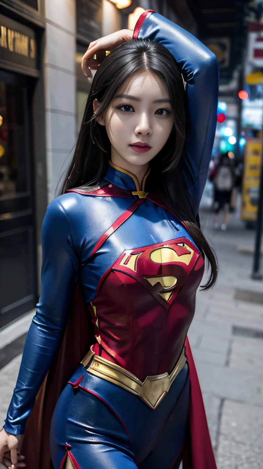 Chinese woman，Superman costume，cabellos largos dorados