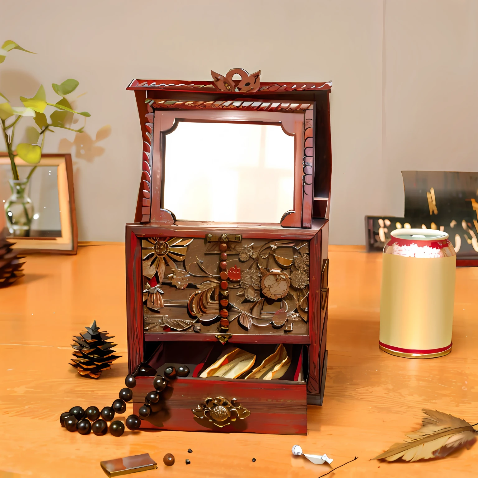 Small wooden box,Inside there is a mirror and an open drawer, Ancient Style, antiquarian, wood cabinets, Retro,dull red,brown pubic fur,Broken mirror,Movie lighting,exquisitedetails