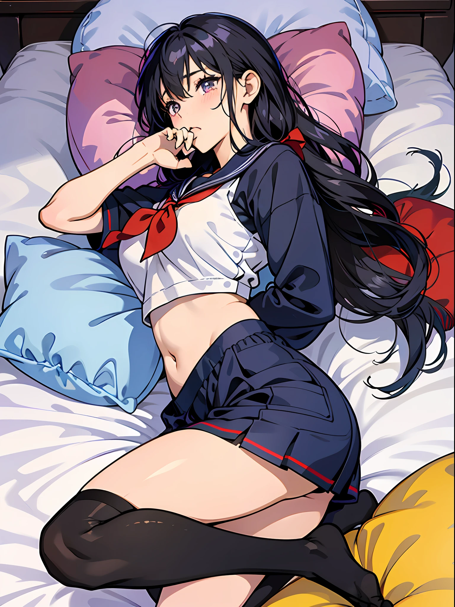 cute little、Amazing beautiful girl, Anime style, 、、on the bed、A dark-haired、Glamour、Colossal tits、de pele branca、wide-open legs、Very embarrassing、red blush。 Best Quality , Textured skin、 high details, High quality,Semi-long hair、No shoes,I can see the belly button、nudde、fullnude,pubick hair、Black short socks、Pubic area、 hair,Open the crotch,、Tsurime,Troubled face、Anime-style eyes,Anime-style nose,Anime-style mouth、lie on one's side、Turn your pubic area towards me、Tears,Sailor Suit Jacket,There are highlights in the eyes、The pubic area is open、I want you to lick my pubic area、I want you to smell my pubic area.Lots of pubic hair、Twin-tailed hair