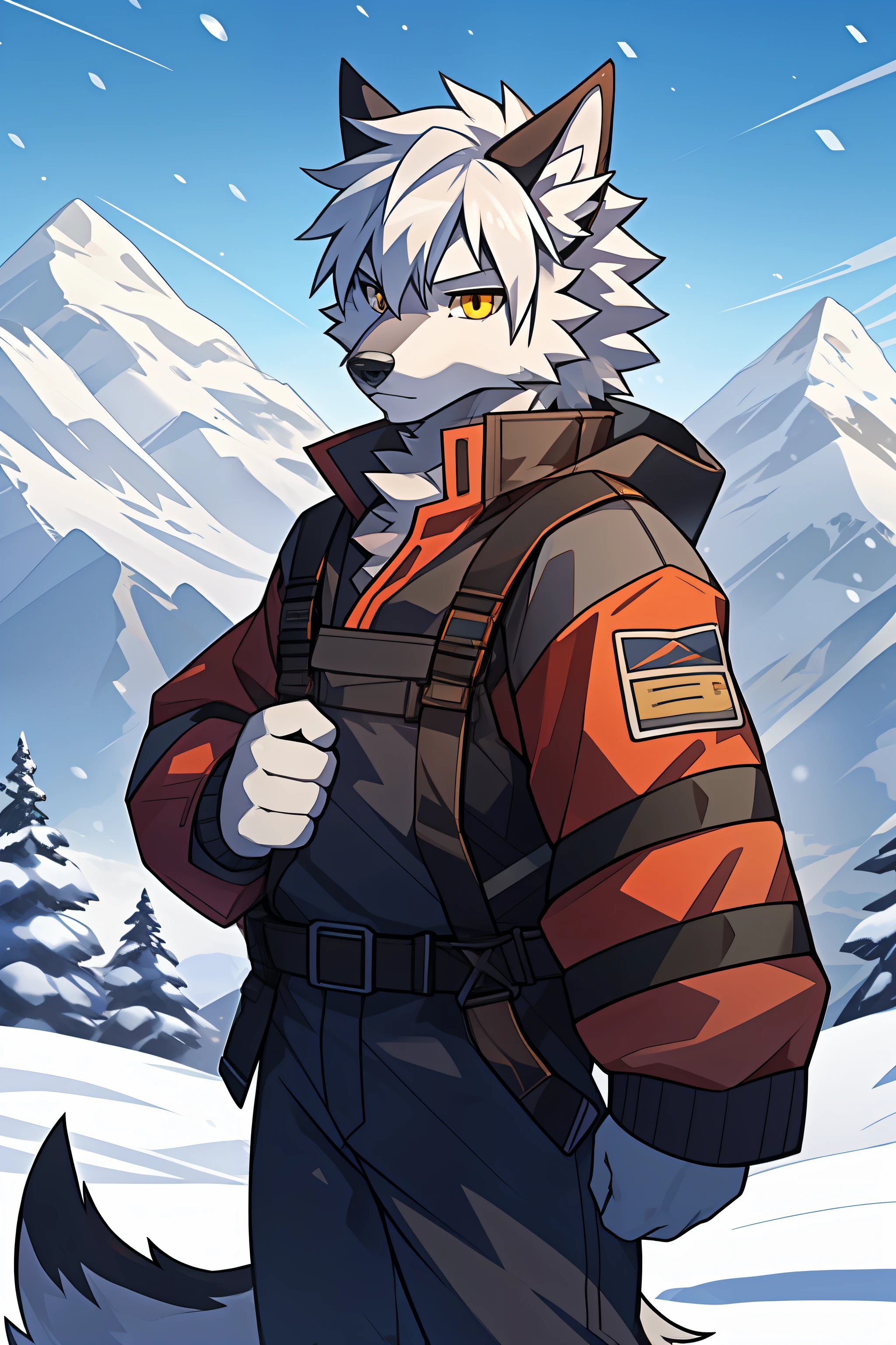 snow mountains,nevando,solo person,White body,White ears,White tail,White hair,Overall white,Orange-yellow eyes,Wolf tail,Wolf orcs,Young,Wear a down jacket,Ultra-clear screen,Soft lines