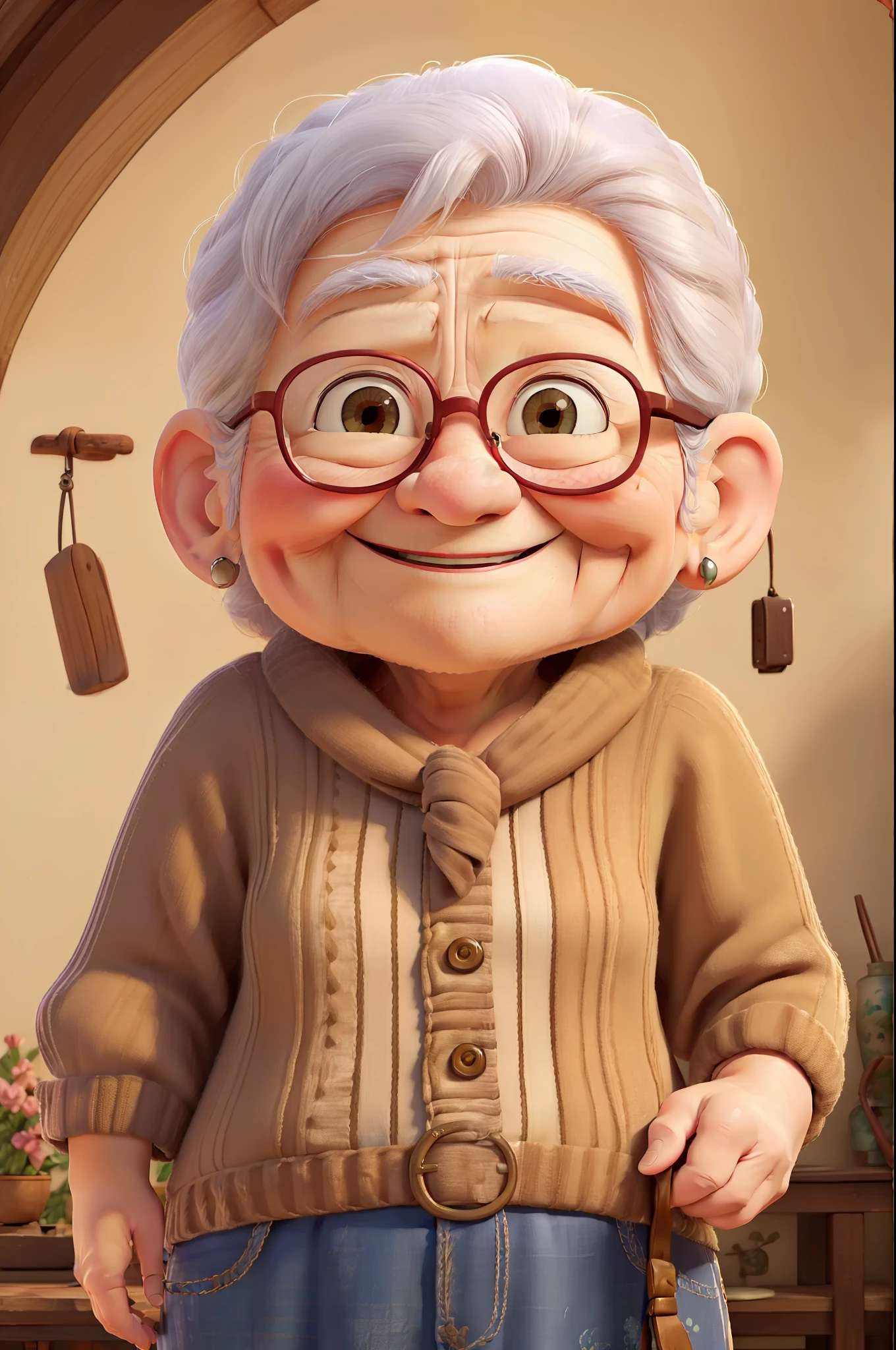 (((Original art with high image quality))), ((Happy grandma)), Quality portraits,Chubby old woman,smiling expression,Country paths,plain shirt,Big red sweater,Blissful atmosphere