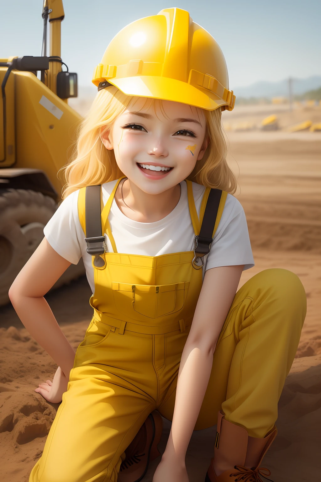 ((Laugh happily)), bit girl,Nature,Wearing yellow overalls, Wear a yellow hard hat, Wear yellow work boots,excavate, Work on construction sites, Sunlight shines on the face, Sweat on the face, wearing DRK_glam, No_Humanity, Depth of field, TO8 contrasting style shadows, (Dark: 0.8), (8K, RAW photo, Best quality, Masterpiece: 1.2)