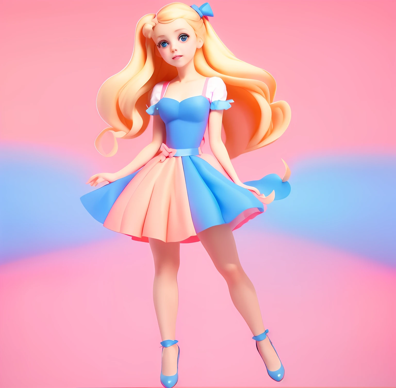 A cute girl in a dress，pink bows，blond hairbl，a blue dress