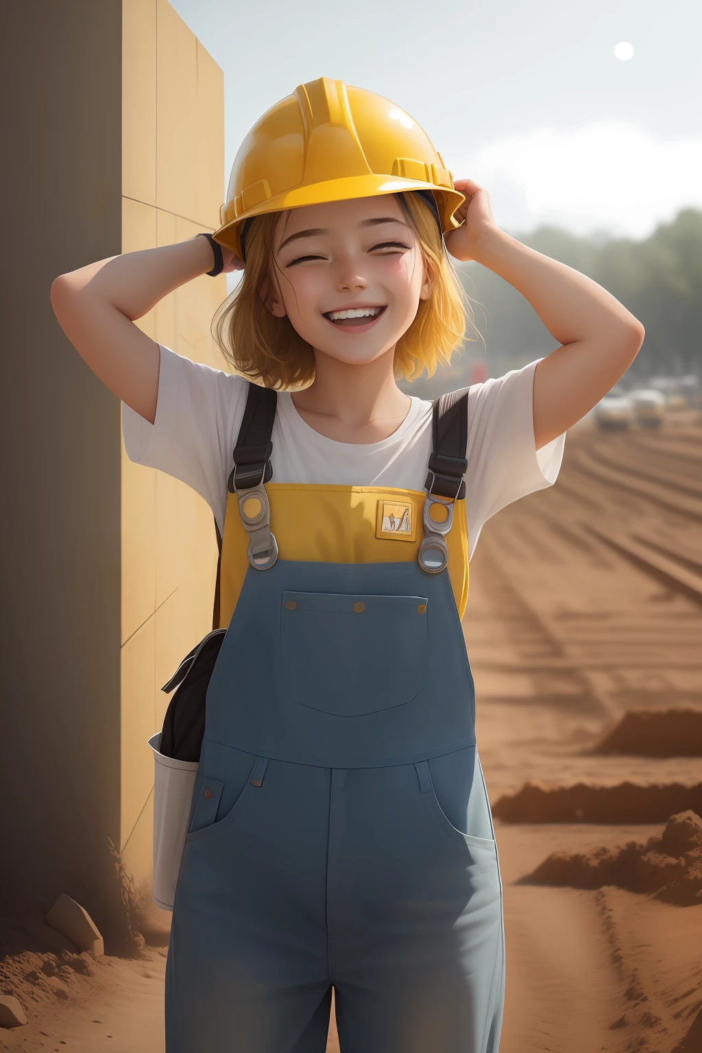 ((Laugh happily)), bit girl,Nature,Wearing yellow overalls, Wear a yellow hard hat, Wear yellow work boots,excavate, Work on construction sites, Sunlight shines on the face, Sweat on the face, wearing DRK_glam, No_Humanity, Depth of field, TO8 contrasting style shadows, (Dark: 0.8), (8K, RAW photo, Best quality, Masterpiece: 1.2)