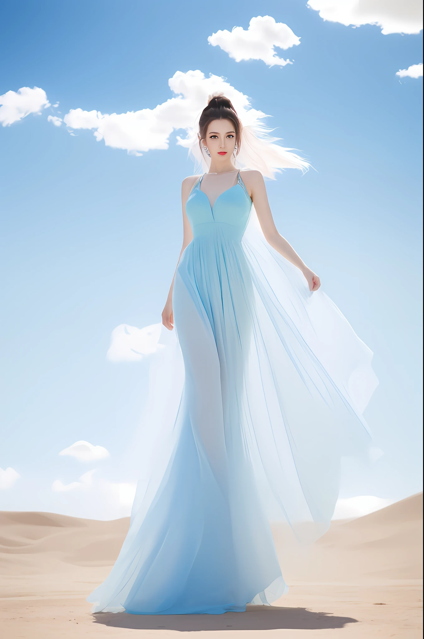 (8k, RAW photo, photorealistic:1.25) ,( lip gloss, eyelashes, glossy side, shiny skin, best quality, ultra high resolution, depth of field, chromatic aberration, caustic, wide light, natural shadow, Kpop idol) ,light pink and light blue style, 1girl, (sky witch: 1.5), tall and thin beauty goddess, flowing dress, conservative girl, cloud goddess, flowing realistic fabric, wearing a flowing dress, realistic, Blue sky in the background, (wind: 1.5), (full body: 1.5), (dunhuang_cloths: 0.5)