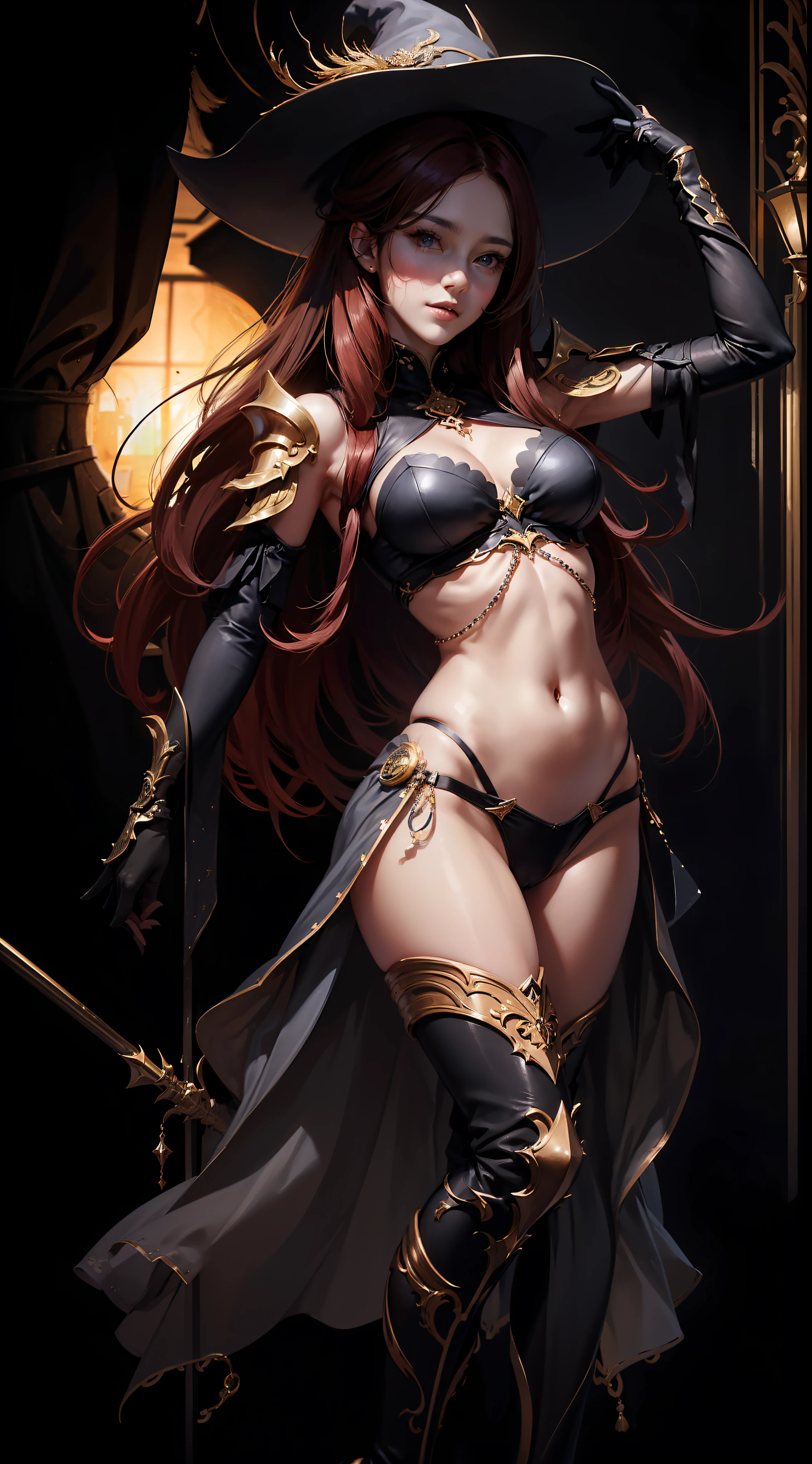 high-level image quality、hightquality、realisitic、Beautuful Women、the witch、Witch Costume、sorcerer、Wacky costumes、A sexy、Constricted hips、Toned abs、skinny thigh、(realisitic:1.5)、(​masterpiece、Highly detailed CG unified 8k wallpapers、top-quality、hight resolution:1.2)、(ultra-detailliert、UHD:1.2)、(pixiv:1.3)、perfect illumination、distinctive、(a beauty girl:1.2)、Viewer's Perspective、Unreal Engine、side lights、face perfect、A detailed face、beautidful eyes、Clean face、(bright skin:1.3)、idol、(abdominals)、ulzzang-6500-v1.1、Soft smile、The upper part of the body、(dark red hair)、(simple background)、((dark backgrounds))、(depth of fields)、a closeup、selphie