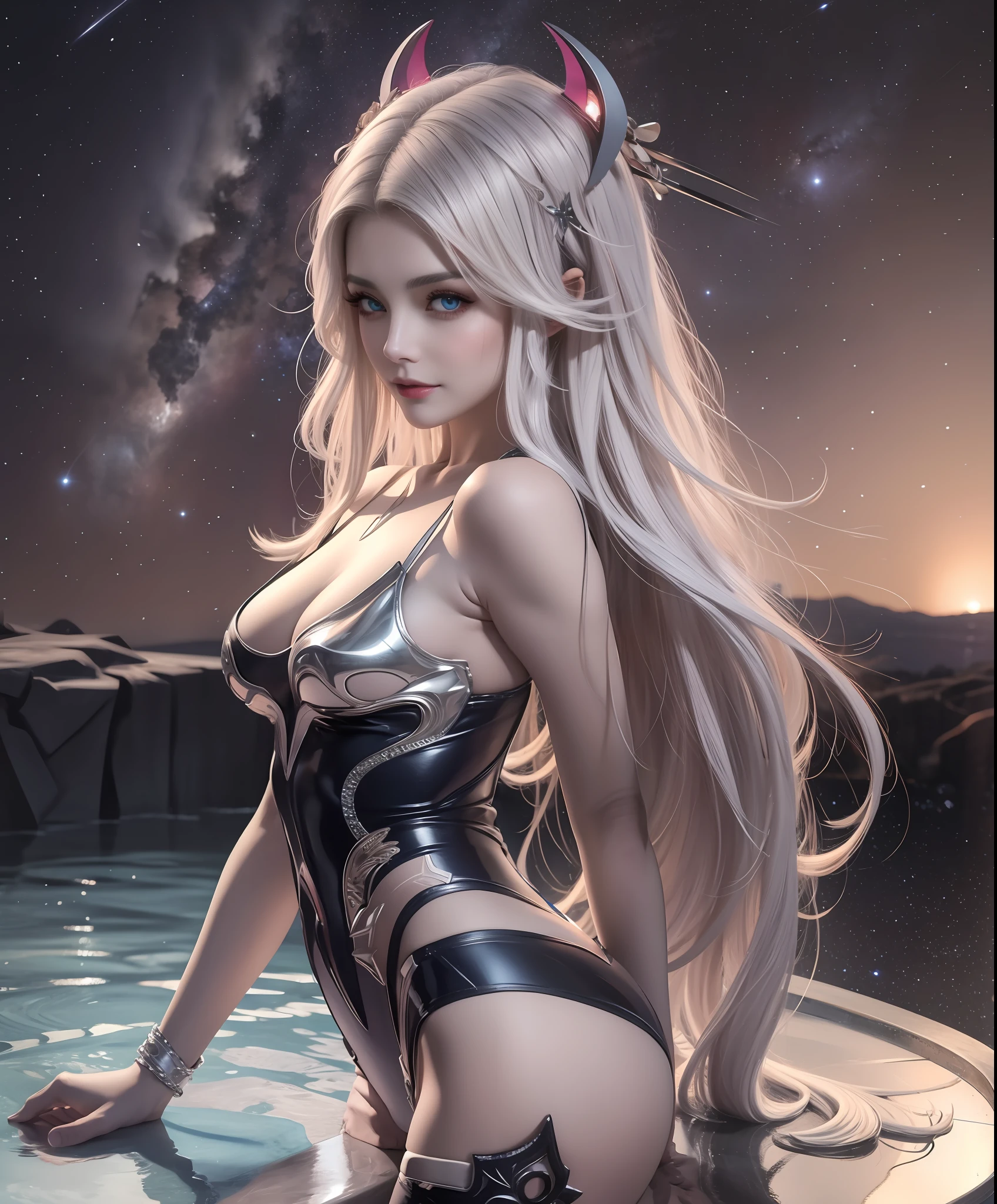 Realistic professional photos with super detail,full-shot,full bodyesbian,Straight lens,one-girl,Silver hair,eBlue eyes,long whitr hair,big round breasts,afloat,sideways standing,Turn Back,stooped,Cock your ass,Rounded ass,Straight ass,(pantyless),power pose,The halo,succubi,Satisfied eyes,Looking into the distance,Stand under the stars,The attention to detail,The background is a comet and a nebula,light stre,cinmatic lighting,Side lighting,Dark and detailed galactic background,8K, 4K, (k hd: 1.1), best qualtiy (tmasterpiece: 1.3),Shameful clothes,Photos of the bath,