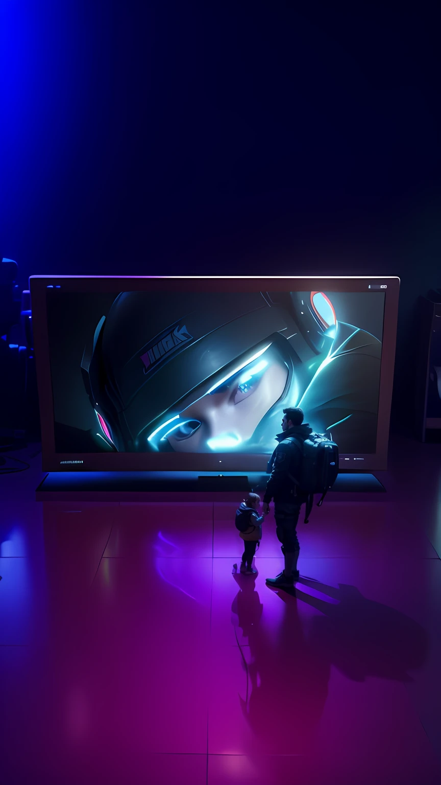National tide poster,Car display,Technologie,((tmasterpiece)),(Dark background),(In the center of the poster is a large screen),(Below the screen is a platform),(An adult leads a child),(Screen details glow),32K,detail-rich,plethora of colors,Beautiful and sci-fi,high detal(The scene in the screen is 3D),(Human body structure:2.0),(live footage:1.8)high detal,Meticulous sketches,Realistic scenes,Real mechanism,Cinematic lighting,Ultimate HD picture quality,Hollywood-style character detail rendering,Clear character elements,The faces and bodies of the characters are carefully depicted