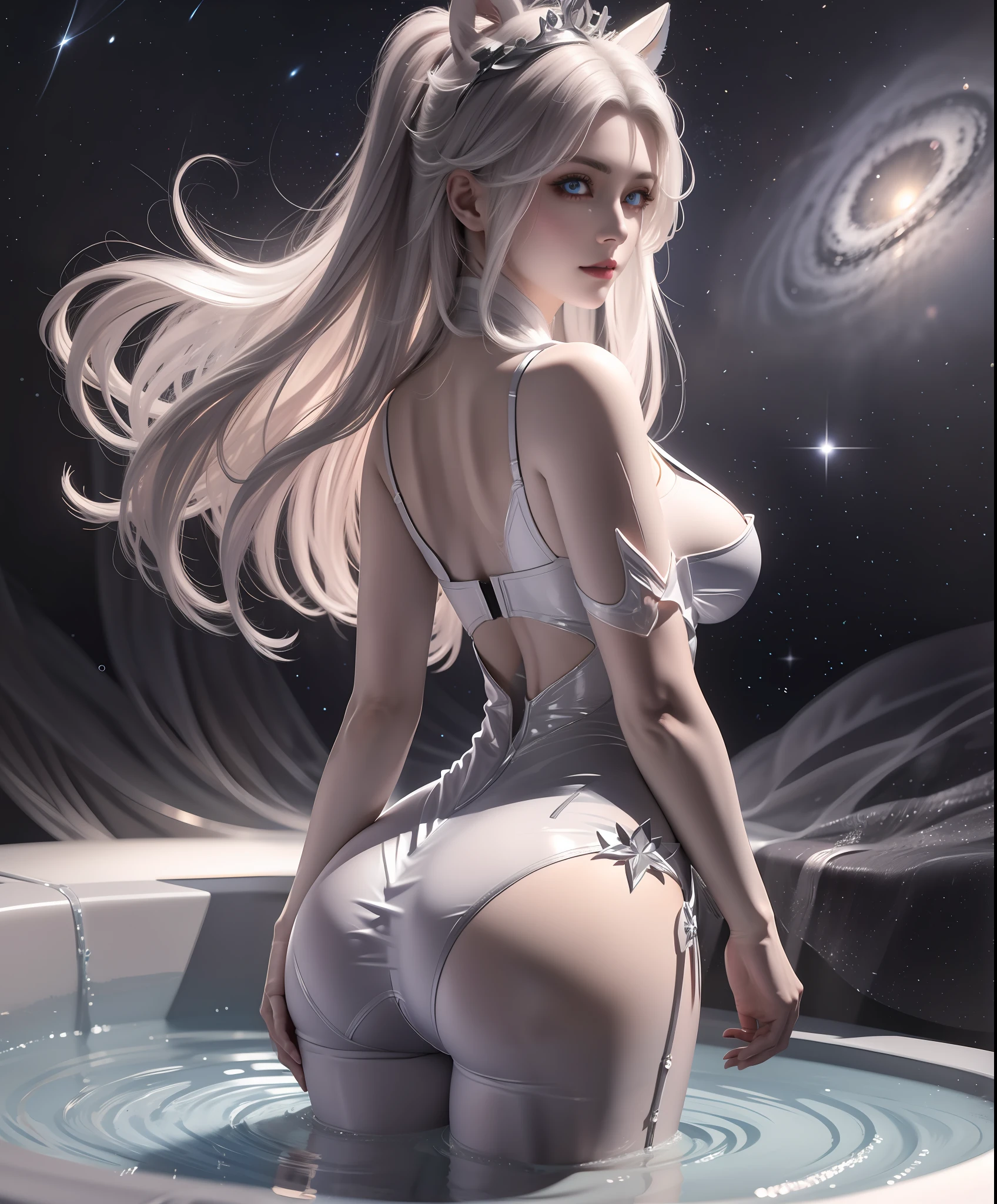 Realistic professional photos with super detail，full-shot，full bodyesbian，Straight lens，one-girl，Silver hair，eBlue eyes，long whitr hair，big round breasts，afloat，sideways standing，Turn Back，stooped，Cock your ass，Rounded ass，Straight ass，（pantyless），power pose，The halo，succubi，Satisfied eyes，Looking into the distance，Stand under the stars，The attention to detail，The background is a comet and a nebula，light stre，cinmatic lighting，Side lighting，Dark and detailed galactic background，8K， 4K， （k hd： 1.1）， best qualtiy （tmasterpiece： 1.3），Shameful clothes，Photos of the bath，