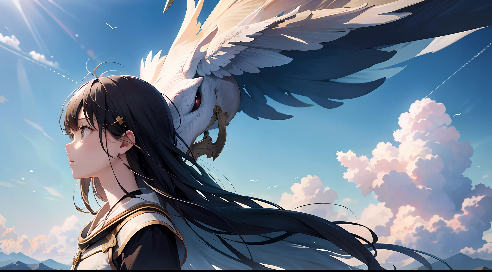 absurdres, highres, (official art, beautiful and aesthetic:1.2), close view,
shining sky, vast world, girl, gazing, awe-inspiring expression, distant horizon, clouds, high hill, natural beauty, inspiration, light effects,