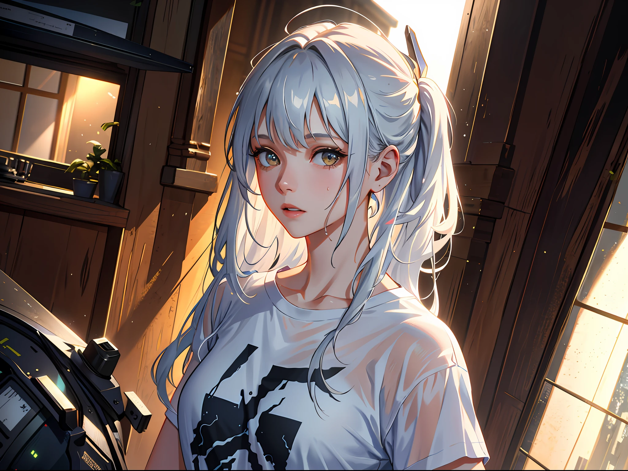 A girl, only wearing a white t-shirt, messy hair, long hair, the shirt is wet so it is partially see through, she has wet hair.
(Masterpiece, Hypermaximalist, Maximalism, Best Quality, 8k, Highres, Absurdres, 4k, High Quality, Ultra High Res, Highest Quality, Ultra Detailed, 8k Uhd, Realistic, Highly Detailed, Ultra-Detailed:1.0),
(Cinematic Lighting, Hdr, Raw Photo, Sharp Focus, Photorealistic, Realistic:1.0),