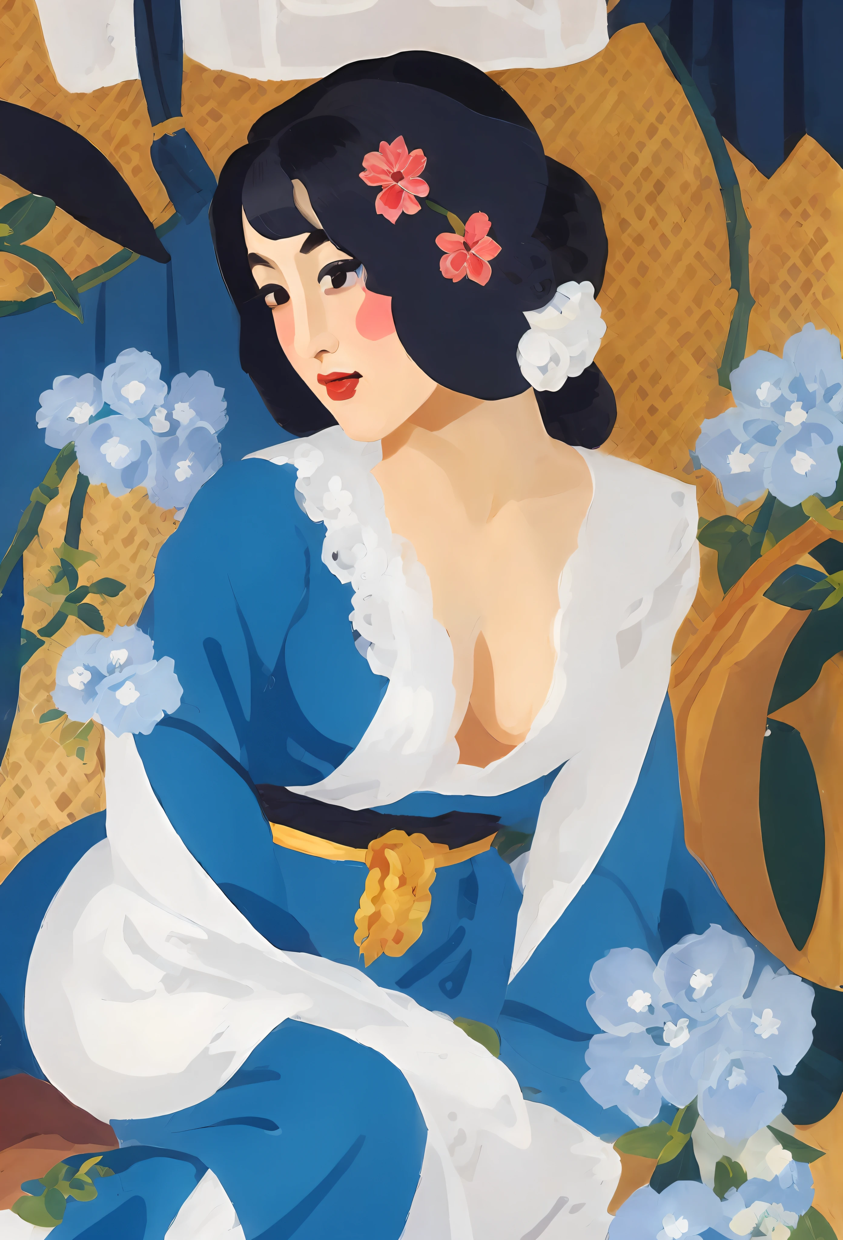 a close up of a woman in a blue dress sitting on a bed, nipple visible, inspired by Léon Bakst, inspired by Tawaraya Sōtatsu, gouache and ink, in the art style of ukiyo - e, gouache on paper, persian folktale artstyle, inspired by Utagawa Kunisada II, inspired by Utagawa Kunisada III