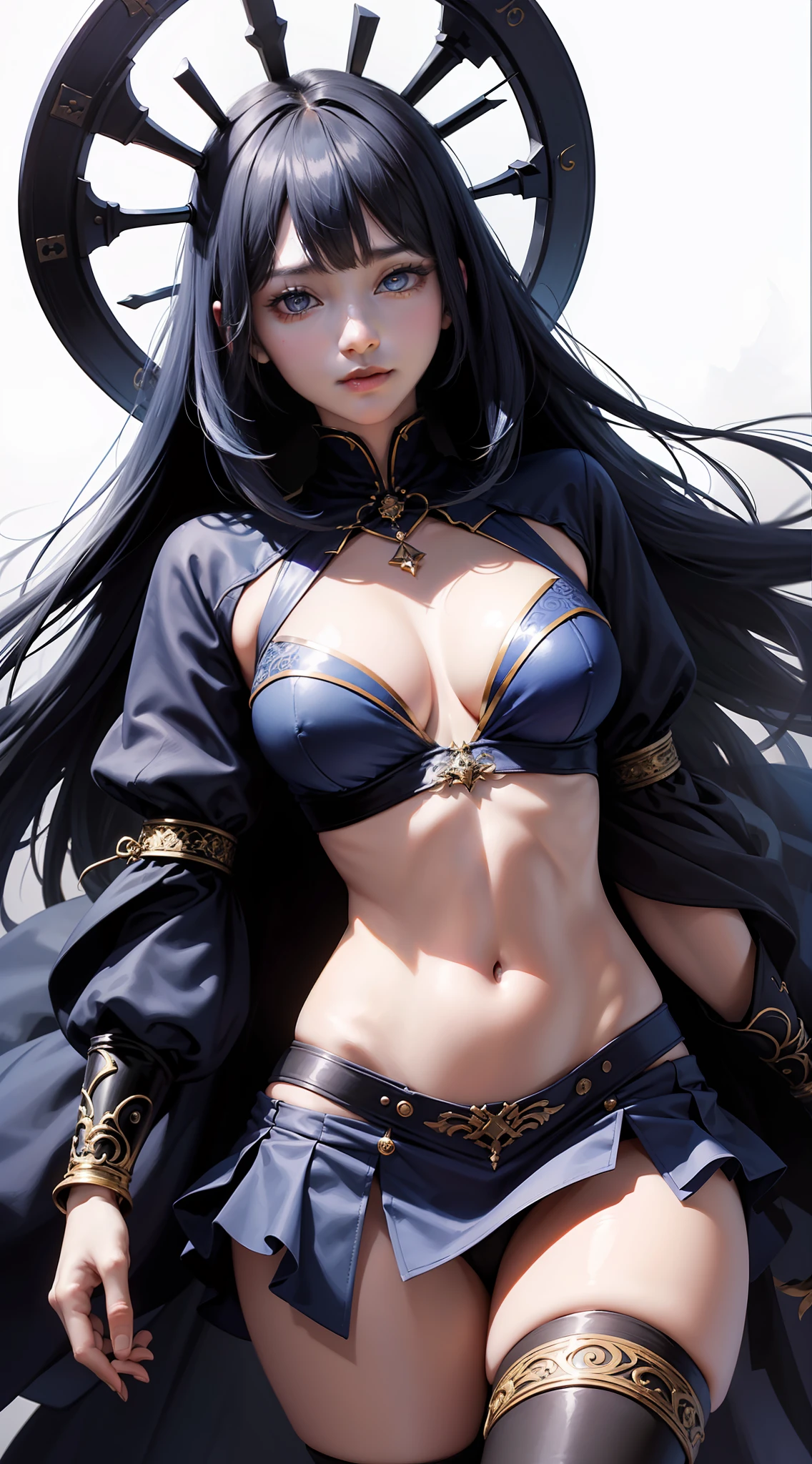 a smile、high-level image quality、hightquality、realisitic、Beautuful Women、the witch、Witch Costume、sorcerer、Wacky costumes、A sexy、Constricted hips、Toned abs、skinny thigh、(realisitic:1.5)、(masterpiece、Highly detailed CG unified 8k wallpapers、top-quality、hight resolution:1.2)、(ultra-detailliert、UHD:1.2)、(pixiv:1.3)、perfect illumination、distinctive、Viewer's Perspective、Unreal Engine、side lights、face perfect、A detailed face、beautidful eyes、Clean face、(bright skin:1.3)、(abdominals)、ulzzang-6500-v1.1、(dark blue hair)、(simple background)、((dark backgrounds))、(depth of fields)、a closeup、selphie