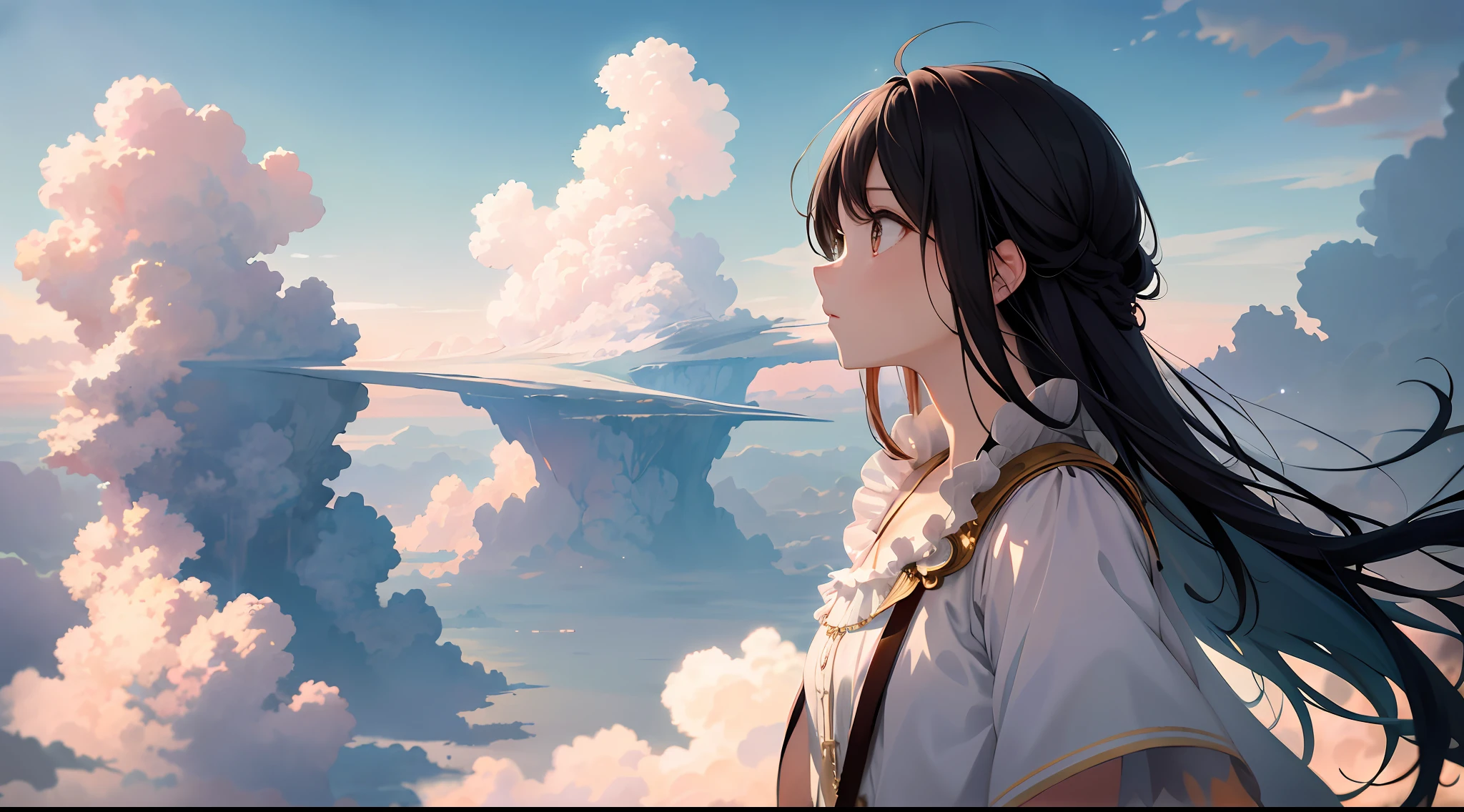 absurdres, highres, (official art, beautiful and aesthetic:1.2), close view,
shining sky, vast world, girl, gazing, awe-inspiring expression, distant horizon, clouds, high hill, natural beauty, inspiration, light effects,