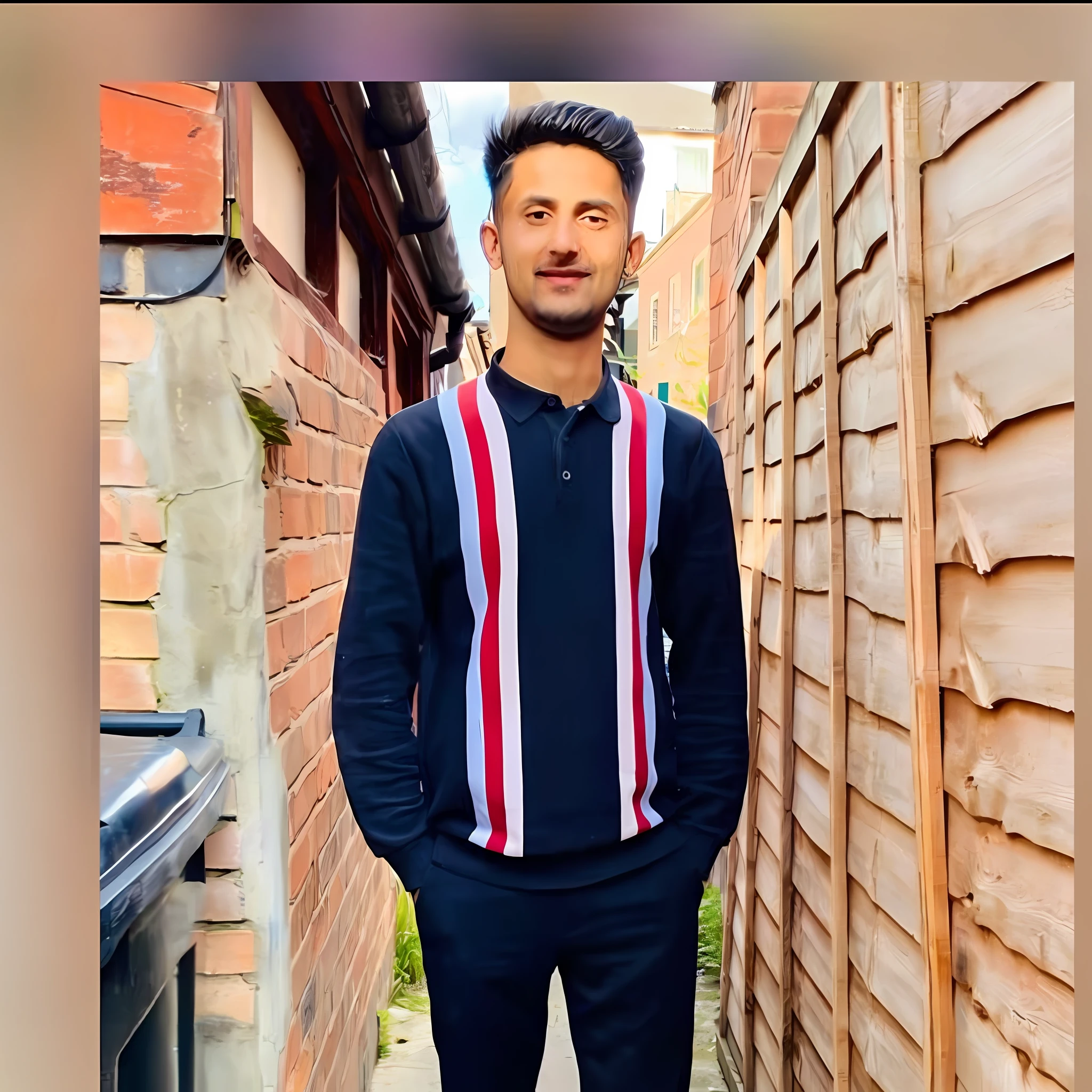 arafed man standing in a narrow alley with a brick wall, 3/4 profile, ash thorp khyzyl saleem, profile pic, taken in 2022, taken in 2 0 2 0, profile image, riyahd cassiem, very very low quality picture, taken in the early 2020s