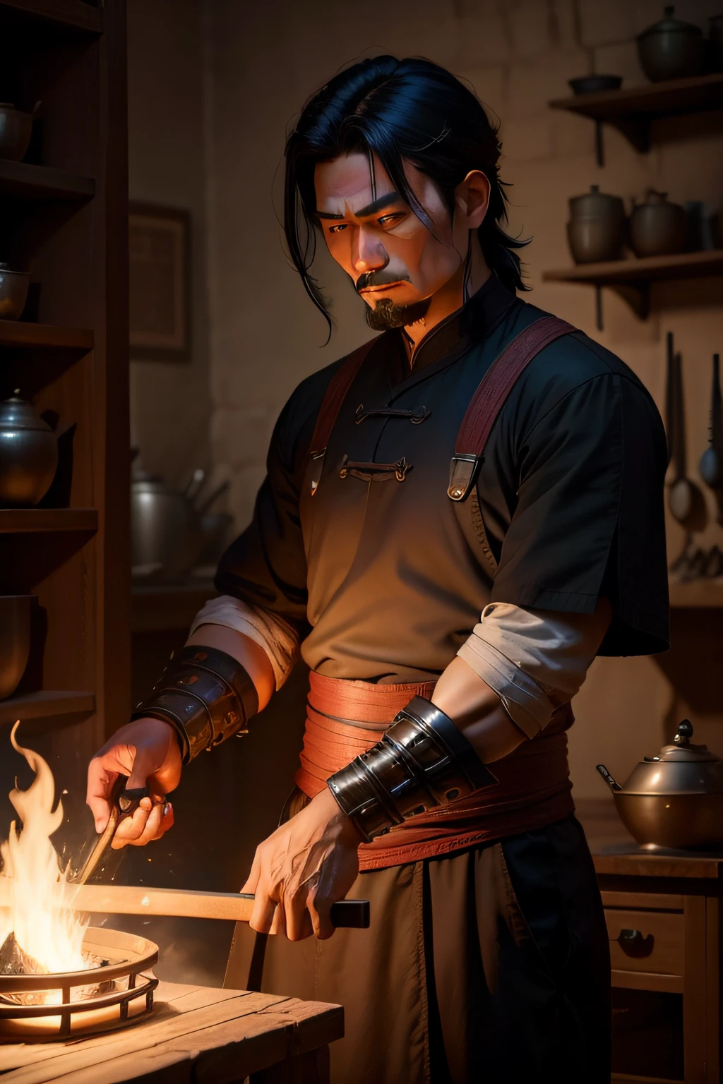 Homem de meia idade，blacksmith，Chinese ancient style，black color hair，The environment is dark，A lot of weapons on display