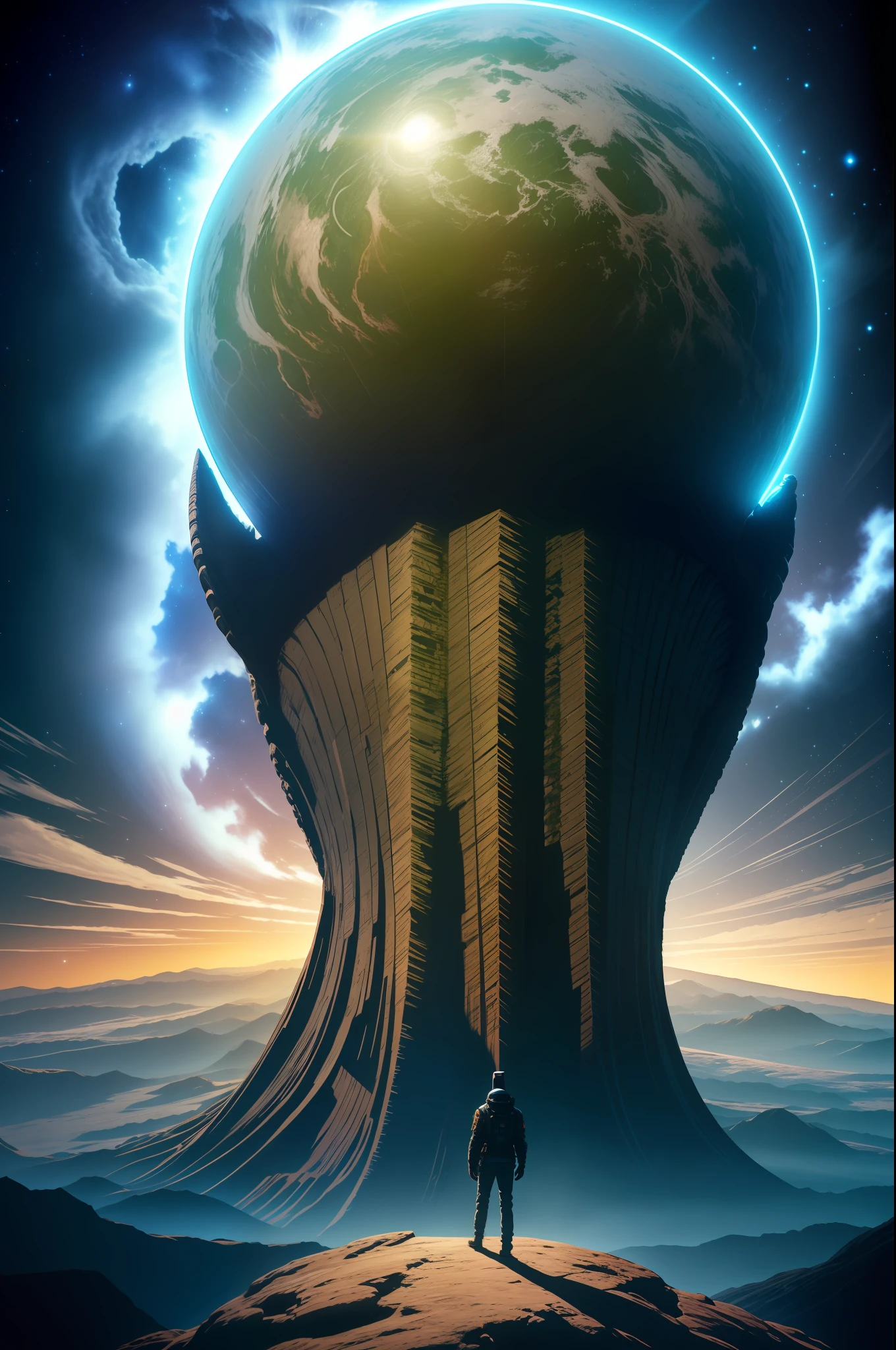 On a strange-looking giant alien creature, Handsome, As huge as the Earth, In the universe, Stand next to the earth, panorama, three sided view, feet out of frame, move chart, chiaroscuro, cinematic lighting, film grain, 360 view, UHD, masterpiece, ccurate, textured skin, super detail, high quality, 8k