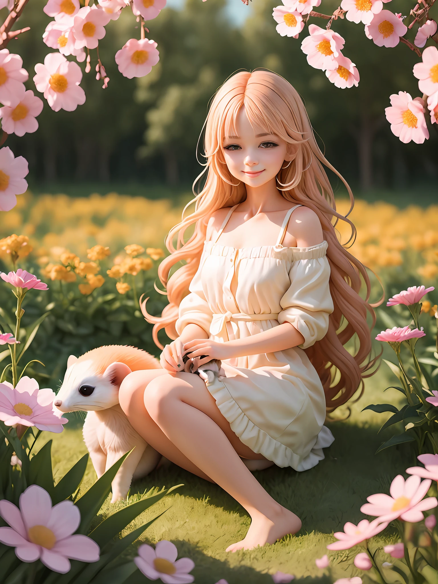 Describe a scene where a girl with chestnut-colored hair is sitting gracefully in a flower field, holding a small white ferret. She has a gentle smile on her face as she admires the surrounding flowers, enjoying a peaceful moment with the little ferret. The background is filled with vibrant blooms, and a gentle breeze adds to the pleasant atmosphere.UHD,ultra high res,highres,masterpiece,best quality,beautiful,Ultra detailed,extremely detailed