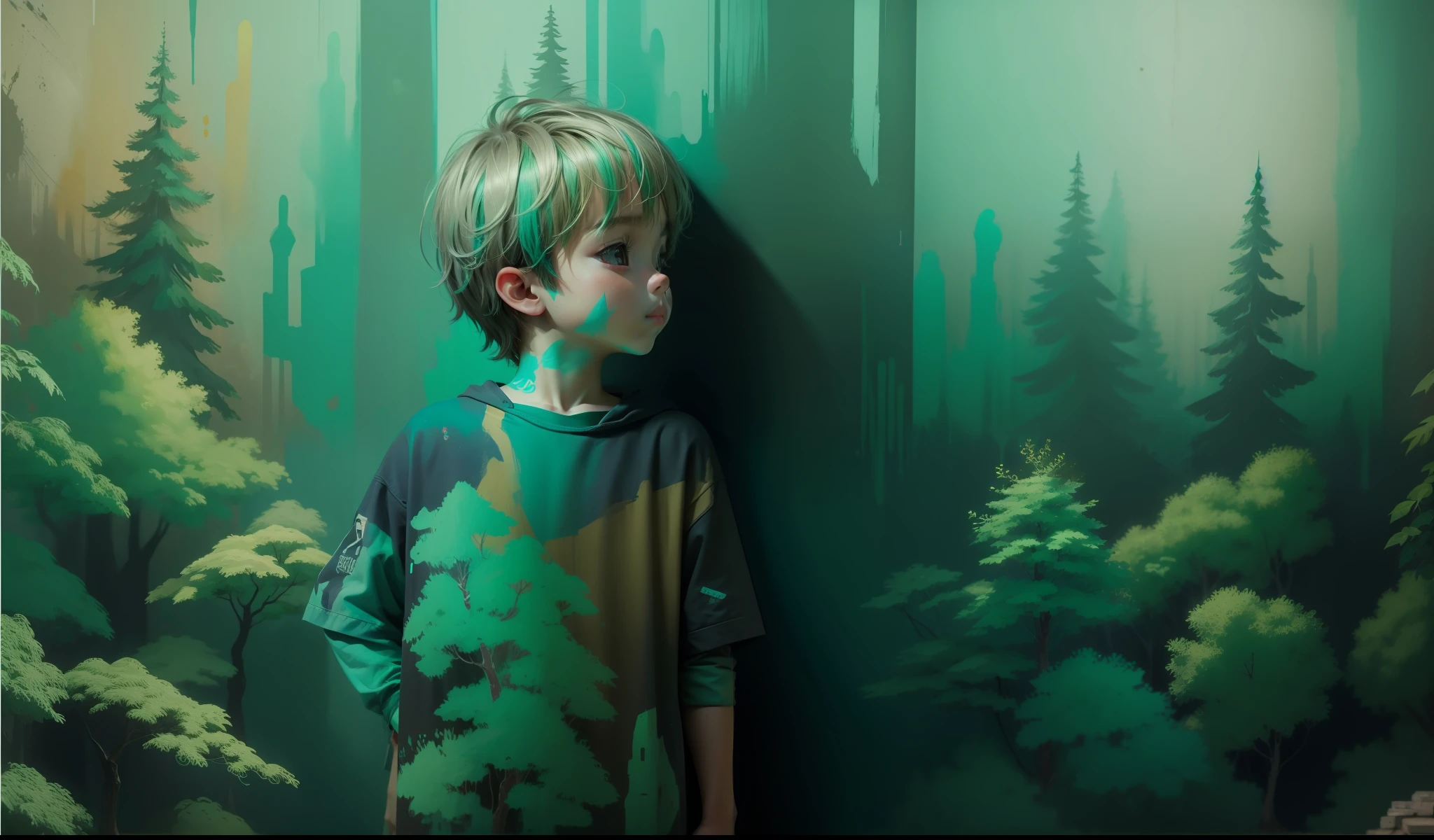 graffiti forest scenery on room wall,Place yourself in the color of the walls with doodles,Perfection blends in with painting。
