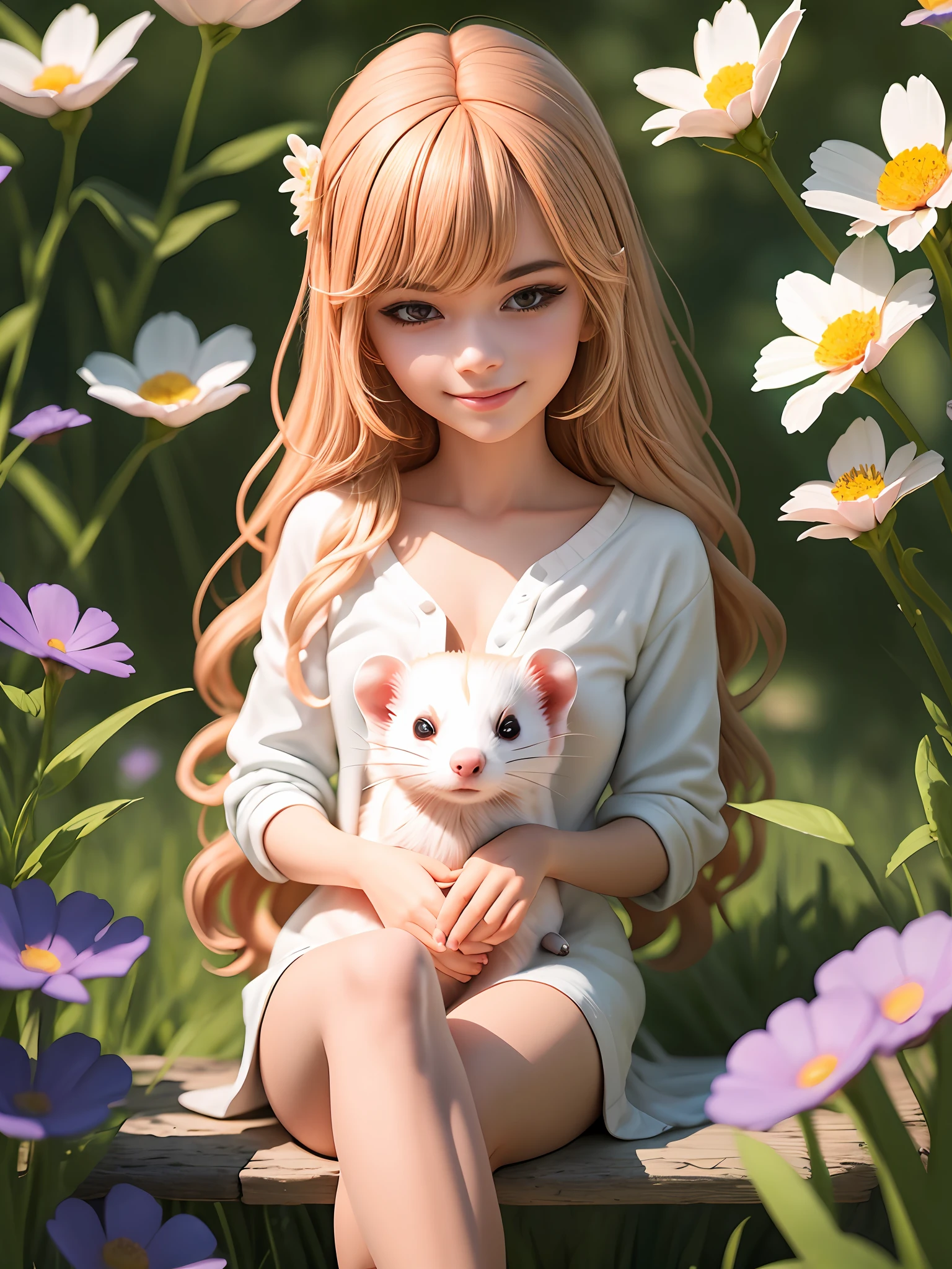 Describe a scene where a girl with chestnut-colored hair is sitting gracefully in a flower field, holding a small white ferret. She has a gentle smile on her face as she admires the surrounding flowers, enjoying a peaceful moment with the little ferret. The background is filled with vibrant blooms, and a gentle breeze adds to the pleasant atmosphere.UHD,ultra high res,highres,masterpiece,best quality,beautiful,Ultra detailed,extremely detailed