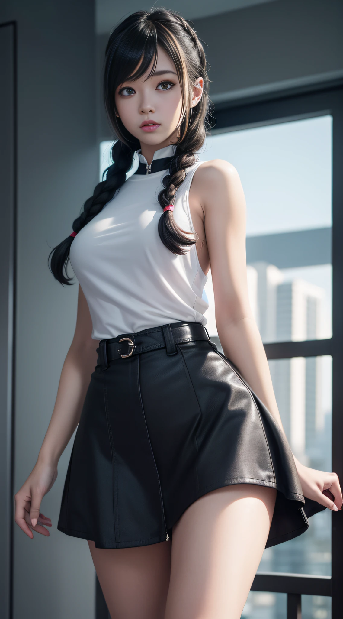 ((best qualtiy)), ((tmasterpiece)), (the detail:1.4), 3D girl, A beautiful cyberpunk female image,hdr(HighDynamicRange),Ray traching,NVIDIA RTX,Hyper-Resolution,Unreal 5,Subsurface scattering、PBR Texture、post-proces、Anisotropy Filtering、depth of fields、maximum definition and sharpness、Many-Layer Textures、Albedo e mapas Speculares、Surface coloring、Accurate simulation of light-material interactions、perfectly proportions、rendering by octane、Two-colored light、largeaperture、Low ISO、White balance、the rule of thirds、8K raw data、1girll,City park shooting,Tilt view,full bodyesbian;1.5,Twist braids,Preppy attire,Superskirt,