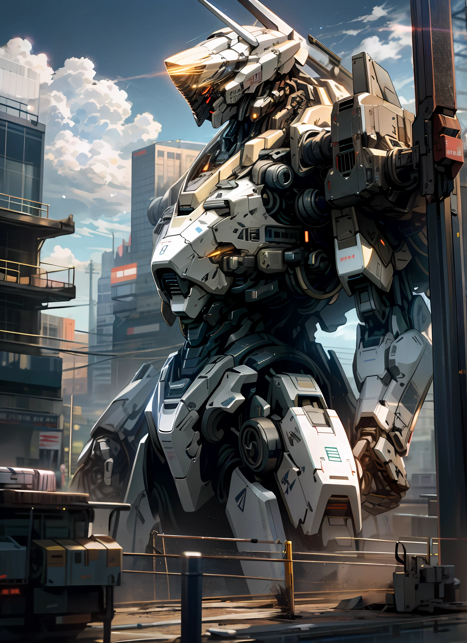 sky, cloud, holding_weapon, no_humans, glowing, , robot, building, glowing_eyes, mecha, science_fiction, city, realistic,mecha