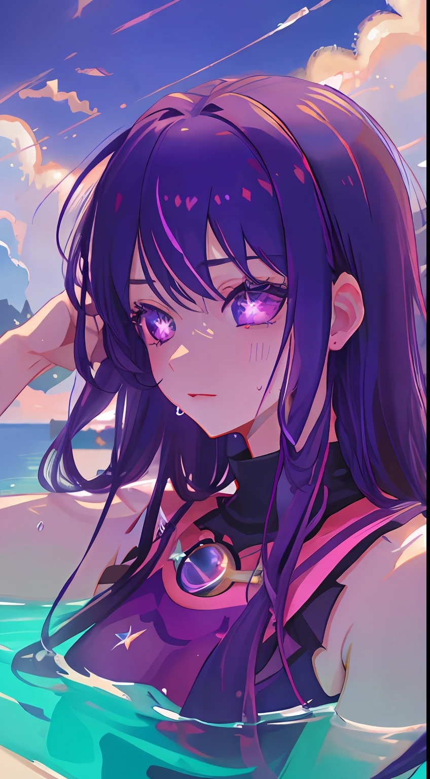 best quality, ultra detailed, beautiful detailed face, 1girl, star eyes, purple hair, purple clothes, Hoshino Ai, solo, complete anatomy, submerged water, partially submerged, bubbles, shiny skin, sweat,  cloudy sky,