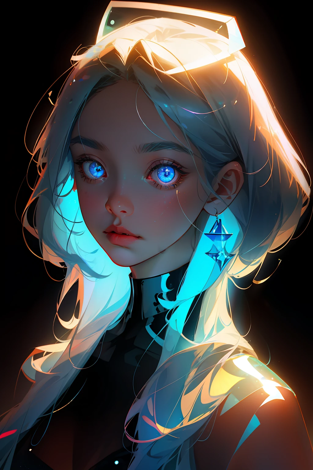 highest quality,A perfect masterpiece,Perfect artwork,official works,8K,(Upper body portrait:1.5),(Look sideways:1.5),Close-up Shot Shot,Blue girl with long hair,(Light blue hair:1.3),(Blue transparent glowing eyes:1.5),merfolk,the ocean,(with black background:1.3),k hd,Detailed representation,c4d,3D,Octane rendering,Ray traching,complexdetails,Animated lights,OCrenderer,