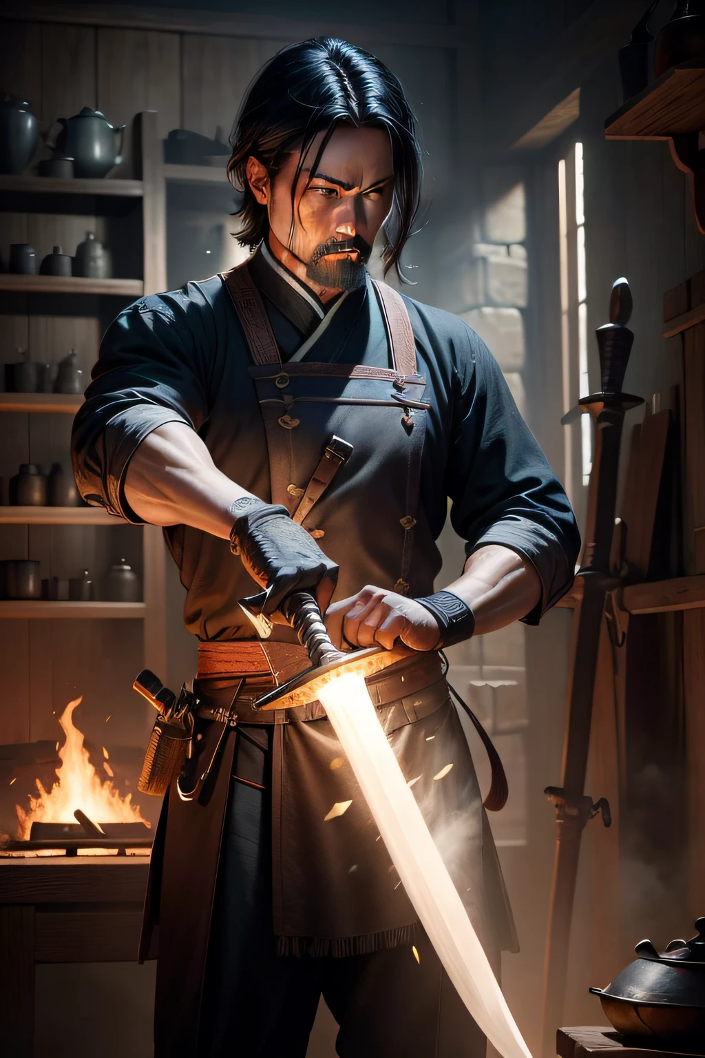 Homem de meia idade，blacksmith，Forge a long sword，Chinese ancient style，black color hair，The environment is dark，A lot of weapons on display