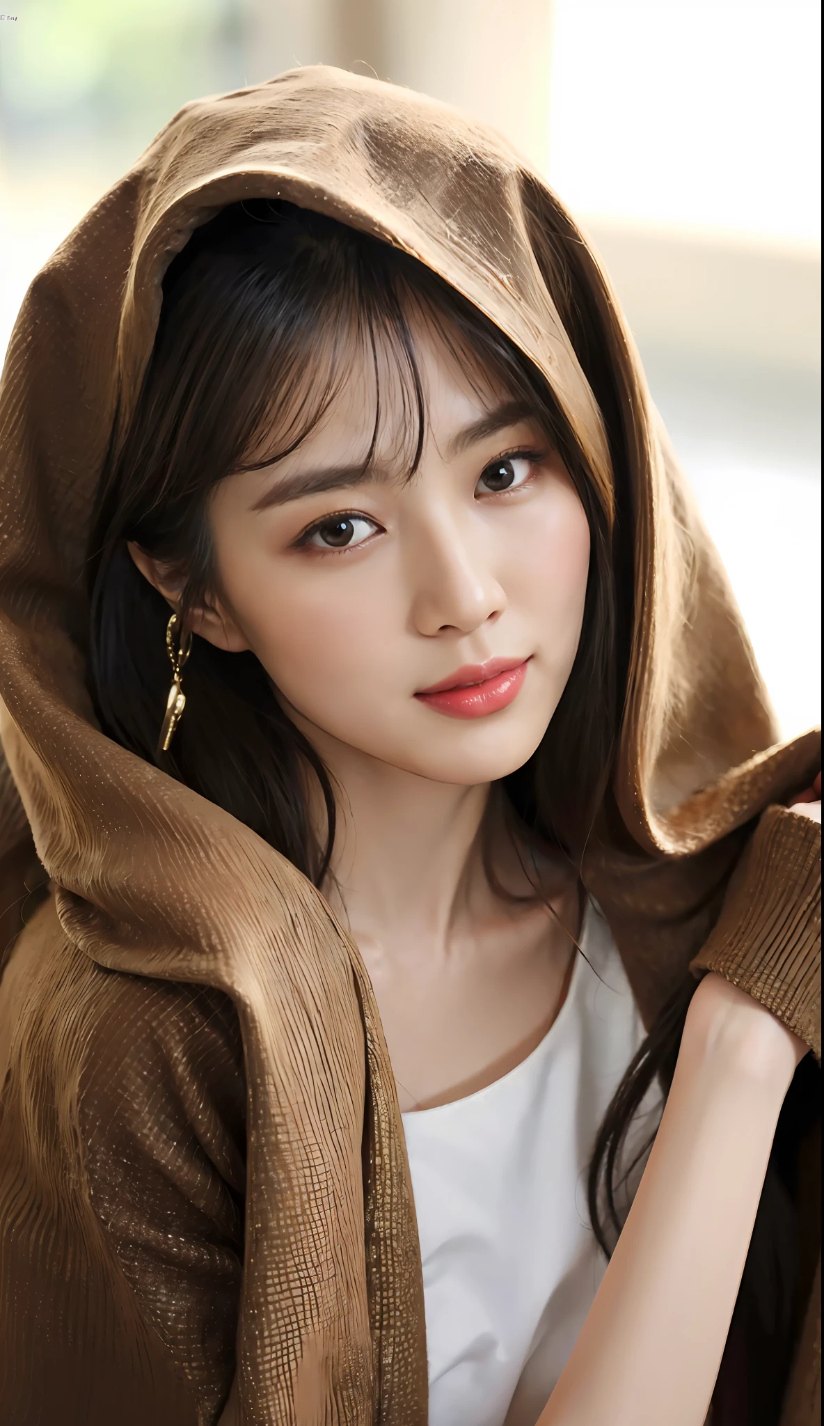 ( (8K:1.27), Best quality at best, tmasterpiece, 超高分辨率:1.2) photore,Beautiful Chinese woman (big breasts beautiful:1.1) (The clothes ar:1.21) ,ellegance、fanciful、the detail、geomerty、Gradient lighting,1girll, Delicate skin, looking at viewert, Brown eyes,ssmile ,(fashion hair:1.2), (Large breasts:1.0), (medium areolae:0.8), (realisticlying:1.4), (Best picture quality:1.0), (超高分辨率:1.0), 8K, RAW photos, (tmasterpiece:0.2), (PureErosFace_V1:0.5)