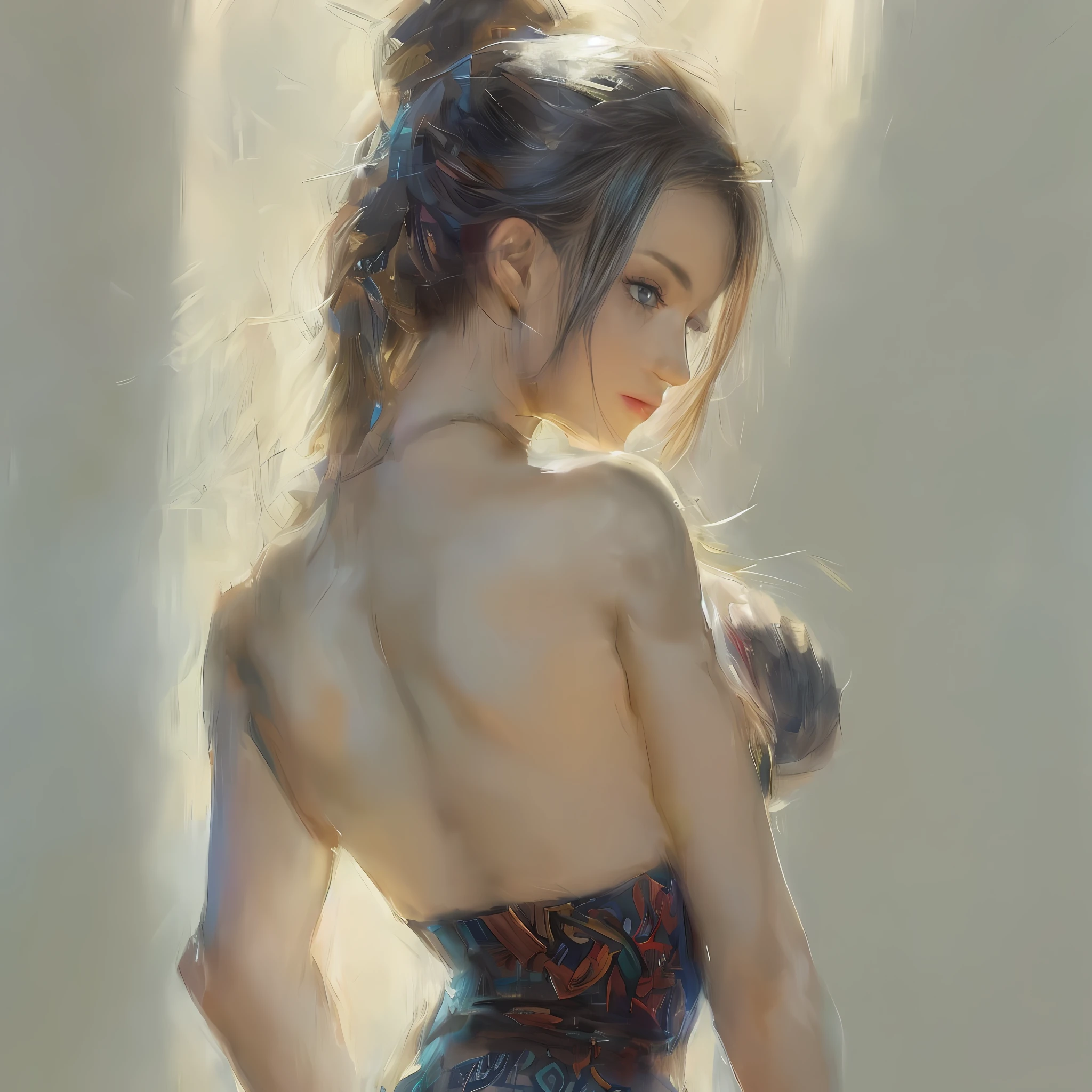 (top-quality、masterpiece)、(Realistic lighting with shadows)、elegent、realisitic、intricate detailes、(Perfect anatomical depiction of the human body)、1 girl, ( Huge breasts :1.5), She's a age girl、beautiful face, Small thick lips, blue eyes, mole under eye, eye reflection, longeyelashes, Looking at you with a troubled face, woman with bare ass, (She casually shows off her proud ass and waits for her reaction), ((back-view, View from behind))