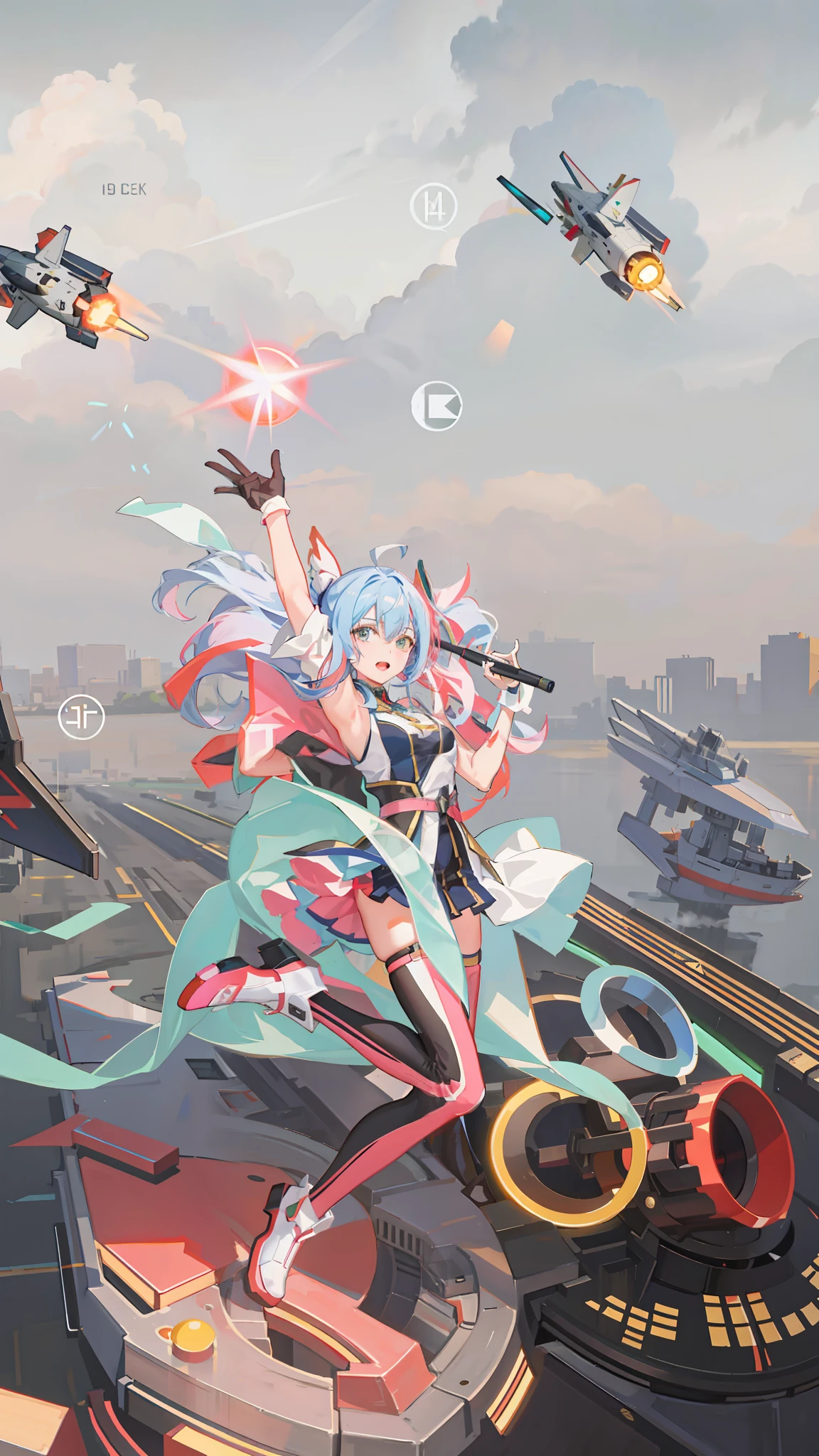 Anime characters fly through the air with various objects, macross delta splash art, Best anime 4k konachan wallpaper, ethereal and mecha theme, style of anime4 K, Digital cyberpunk anime art, macross frontier splash art, Digital art on Pixiv, anime styled digital art, azur lane style, Official artwork, Pixiv style,Best quality at best,超高分辨率,(真实感:1.4),1girl,tmasterpiece,exteriors,full bodyesbian